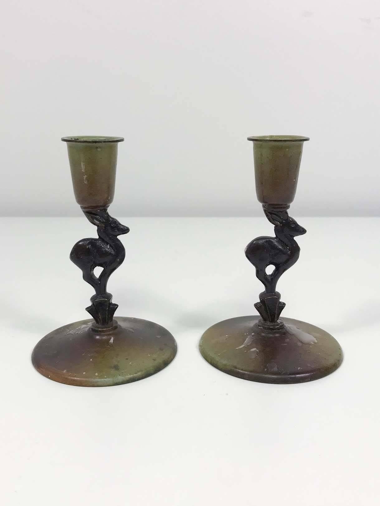A pair of Ystad Brons fawn candleholders. Good original condition, marked on base.