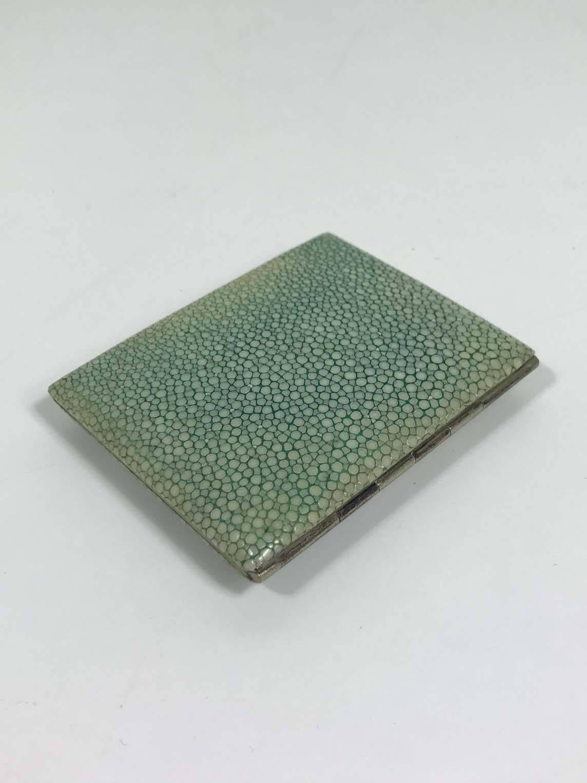 Vintage shagreen cigarette case. Mint green in color with minor wear consistent with age and regular use.