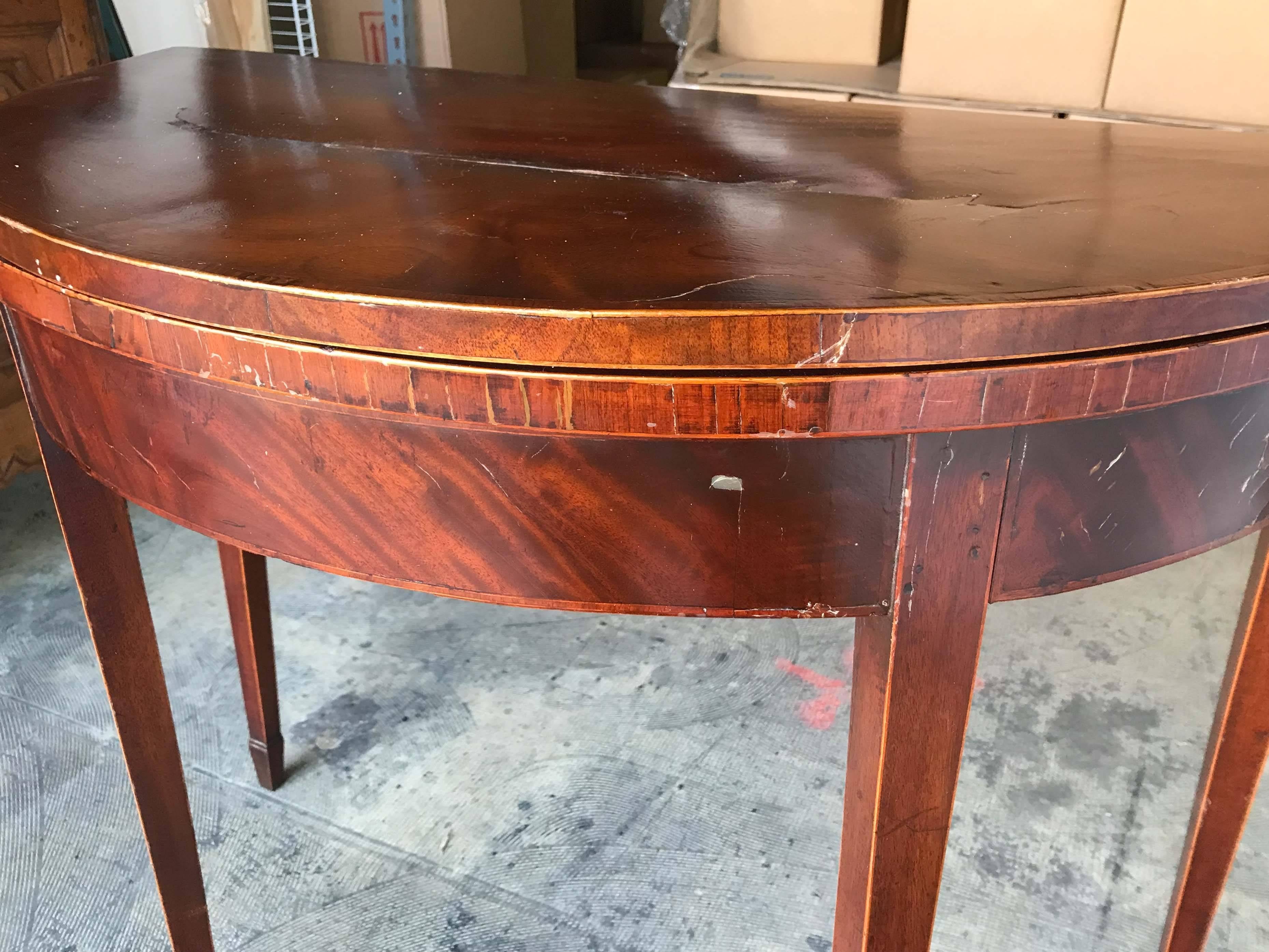 English Inlaid Flip-Top Demilune Card Table For Sale 5