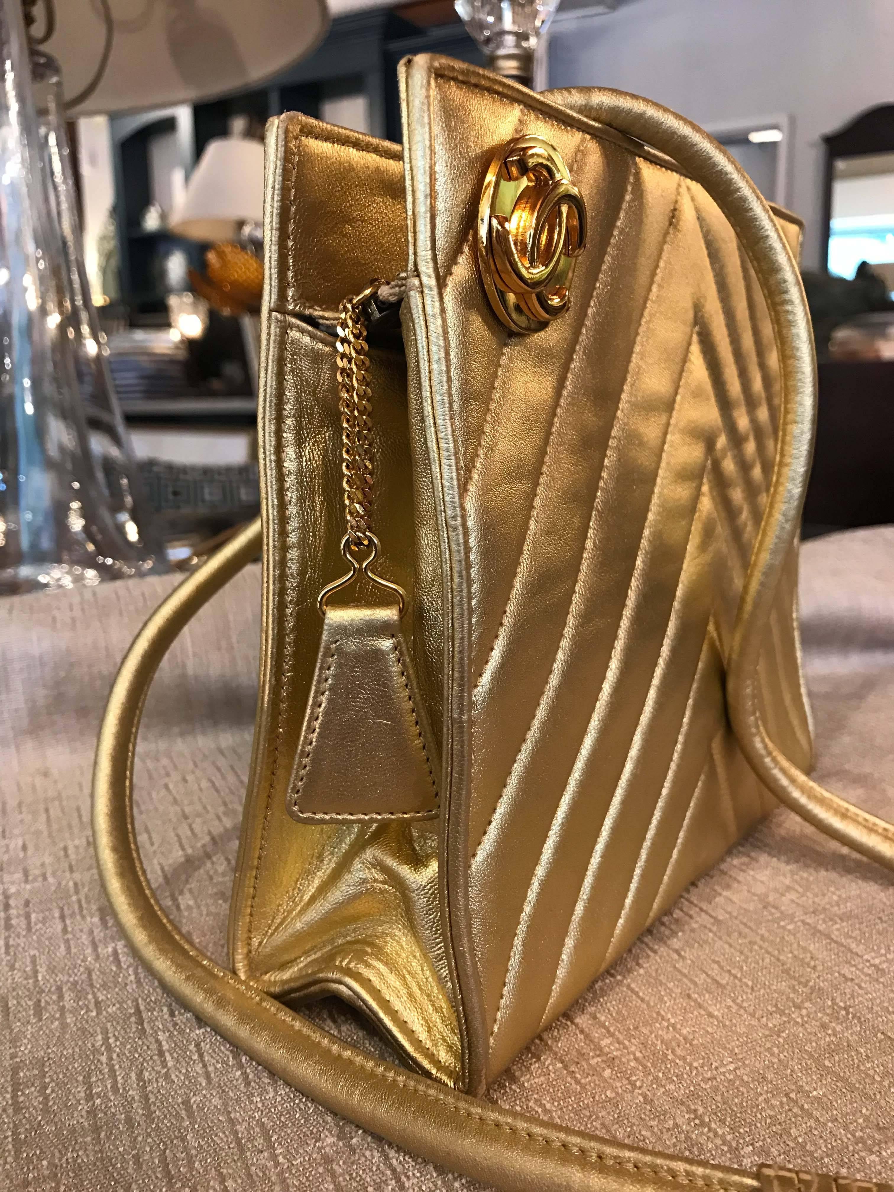 French Chanel Gold Lambskin Chevron Shoulder Bag