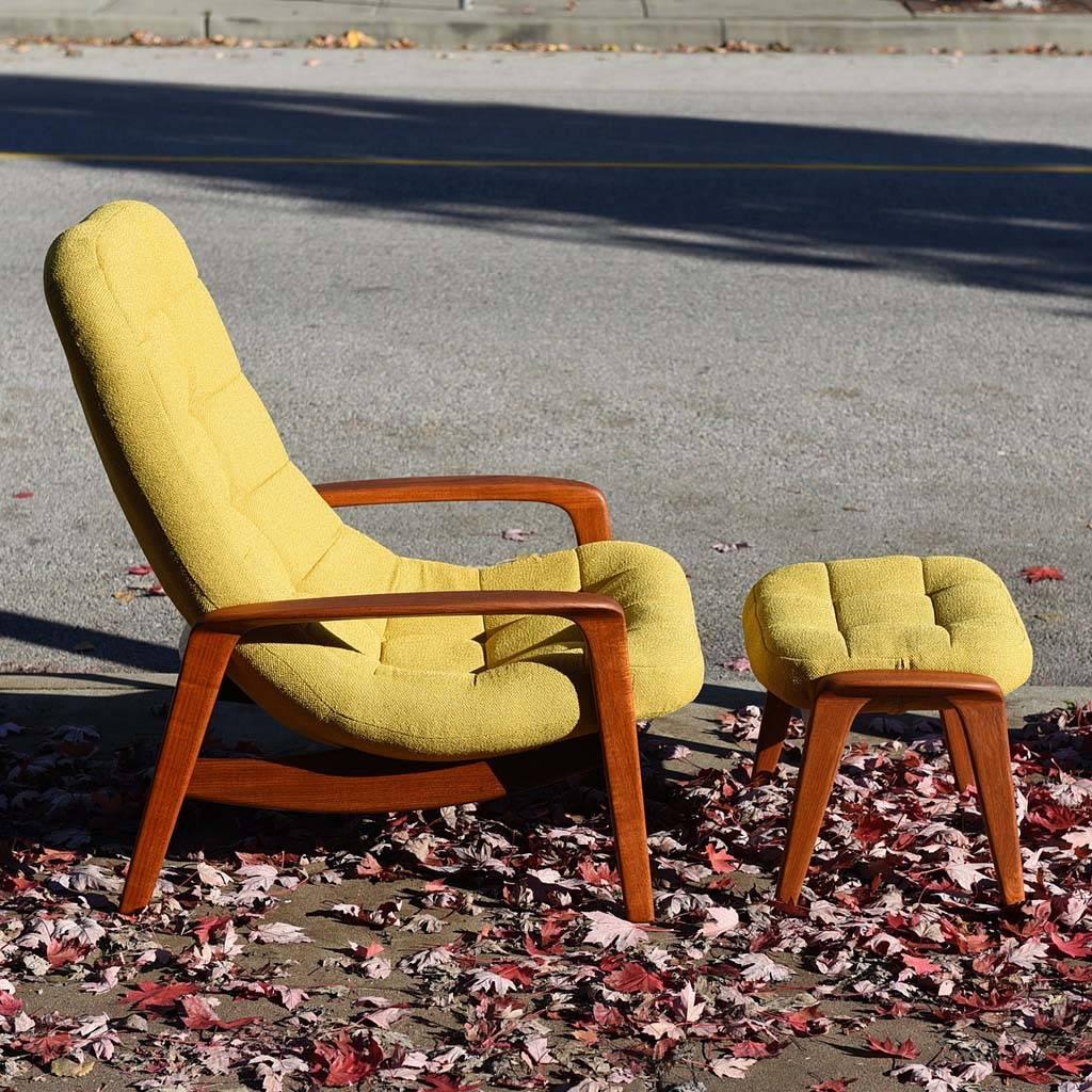 Teak lounge chair with matching ottoman designed and manufactured by R. Huber & Co. of Canada. New foam and upholstery, frame in very good original condition.