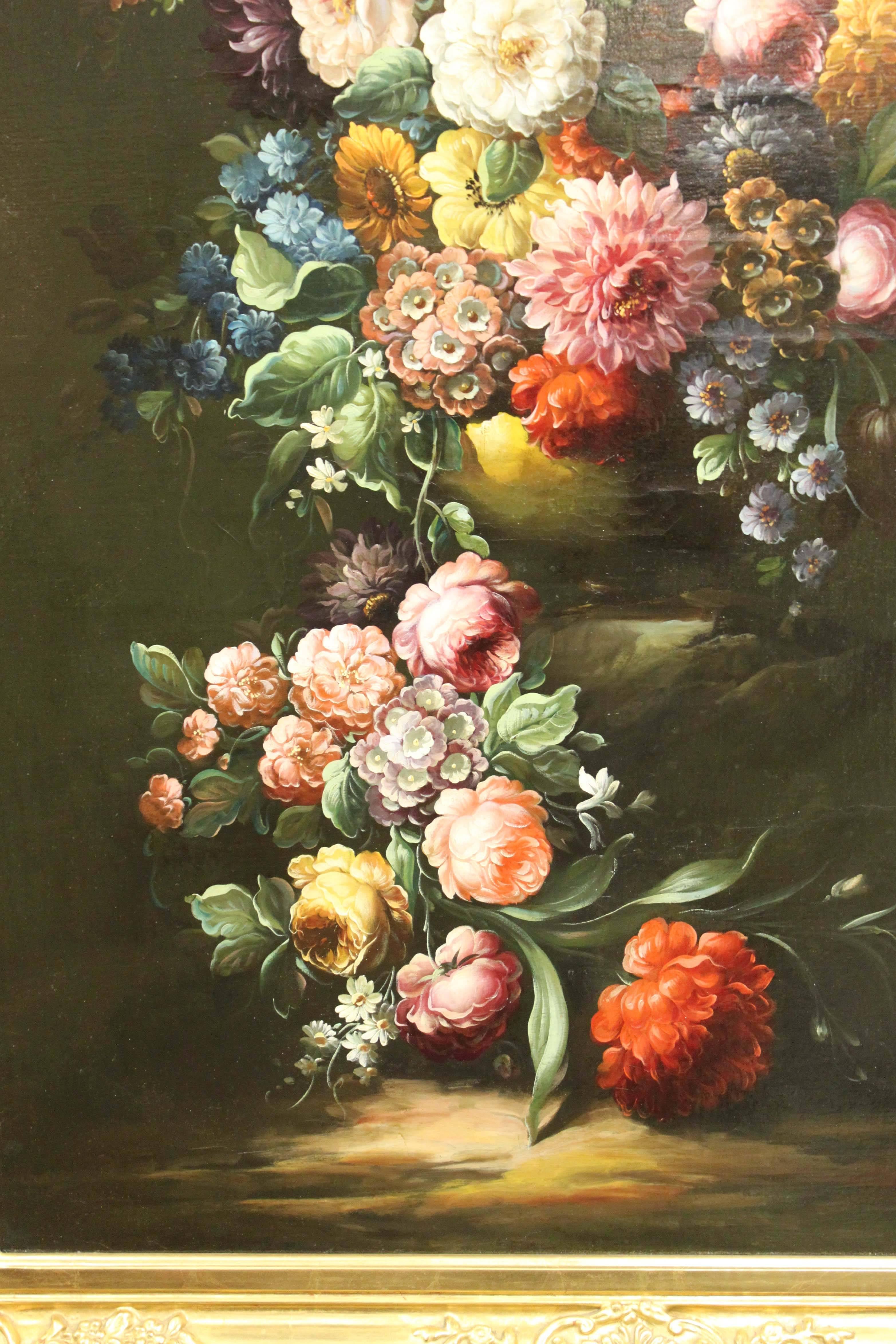 'Still Life’ 19th century German school, circle of Ernst Albert Fischer (1853-1932).
A large and vibrant still life painting attributed to this German artist. It features Dahlias, Carnations, Tulips, Primula, Peonies, Roses & Zinnia in a wooded