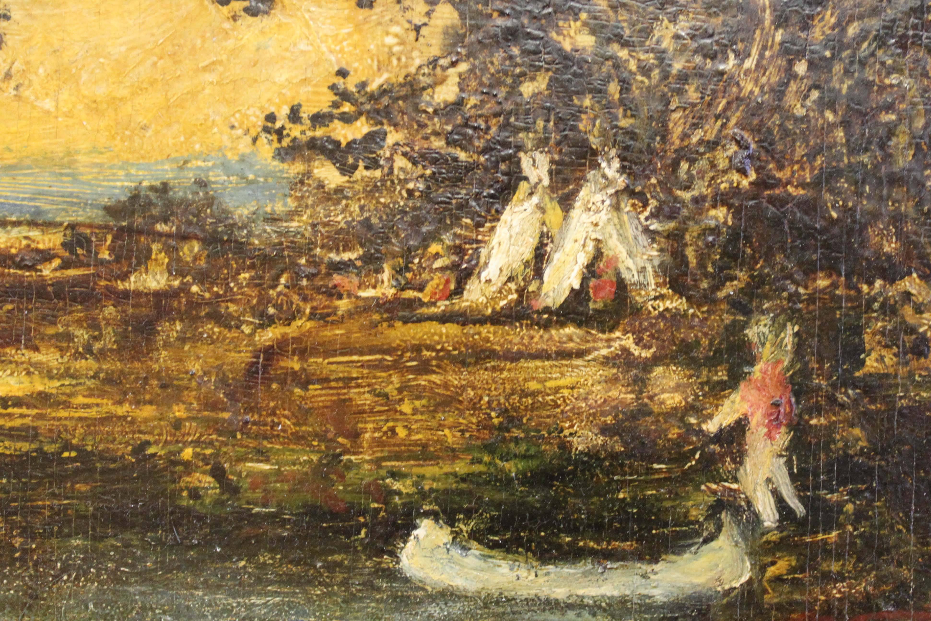 ‘Indian Encampment’ attributed to Ralph Albert Blakelock (1847-1919). An oil painting on plywood of one of his favourite subjects. His work can be found in the Metropolitan Museum in N.Y.C. and the Whitney Museum of American Art. Likely the original