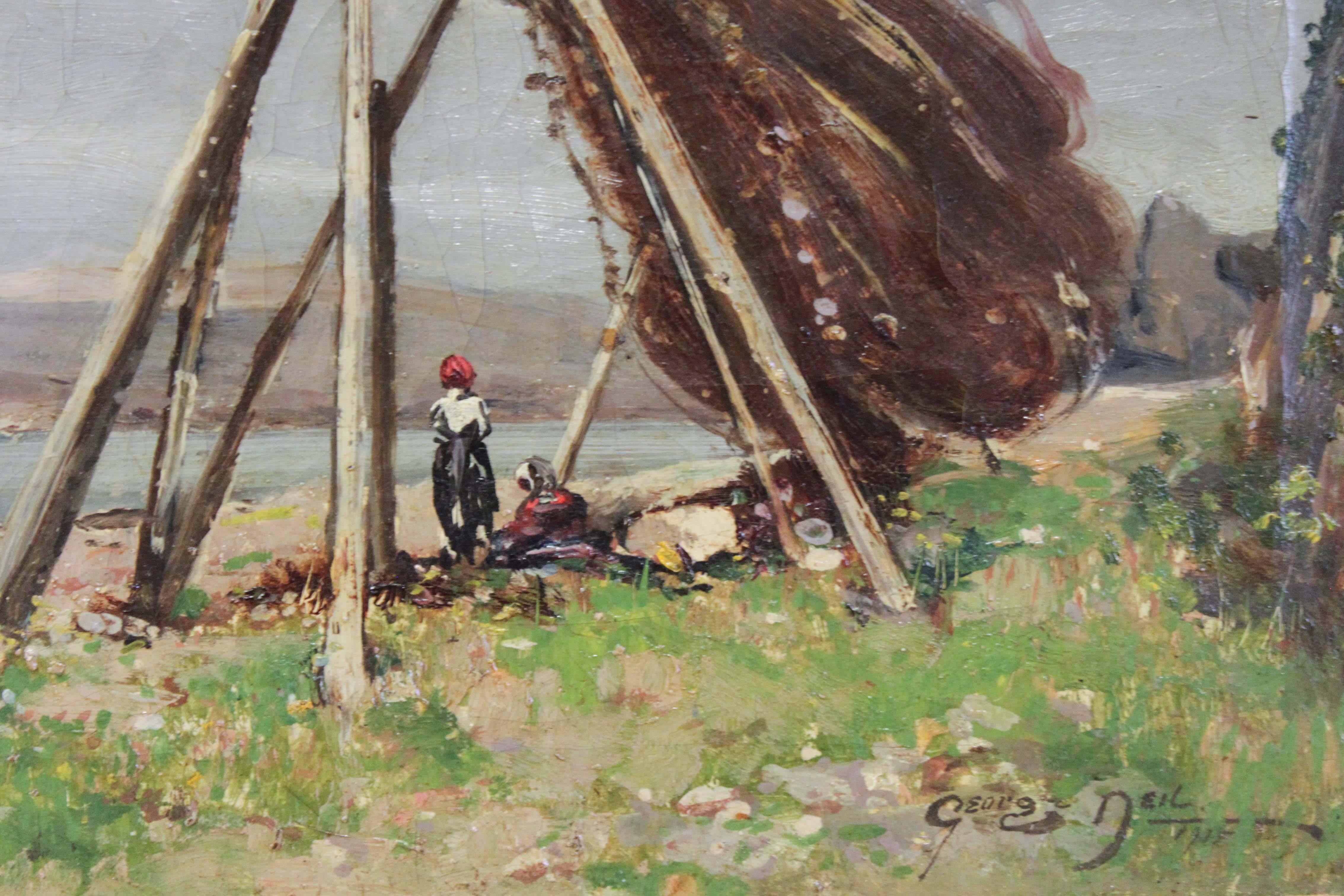 ‘Fisherman drying their Nets’ by George Neil. A fine painting depicting fishermen drying their nets on a rare sunny day in Scotland. George Neil exhibited at the Glasgow Institute. Signed and dated lower right, 1915.
