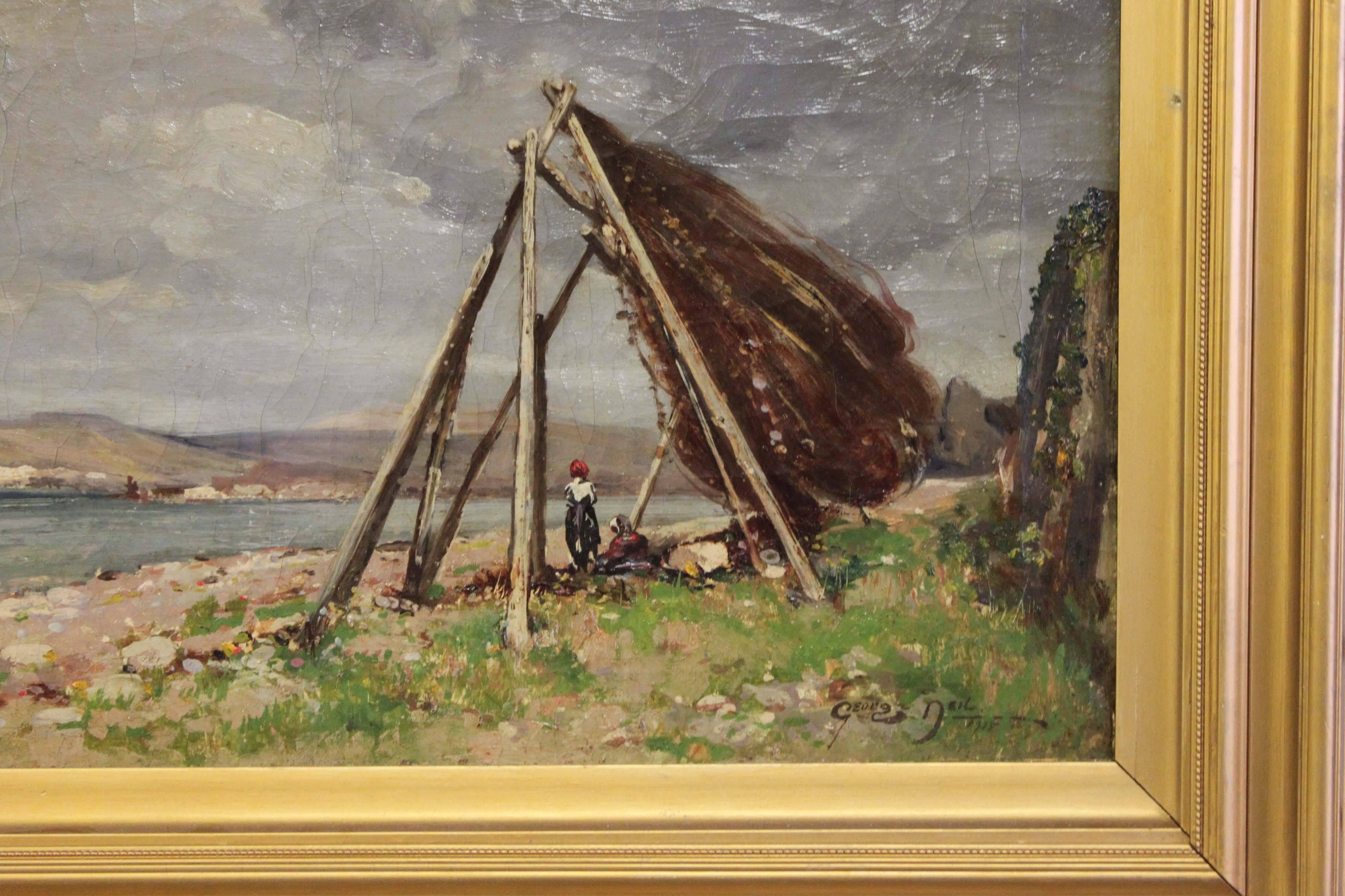 Canvas 'Fisherman Drying Nets' by George Neil For Sale