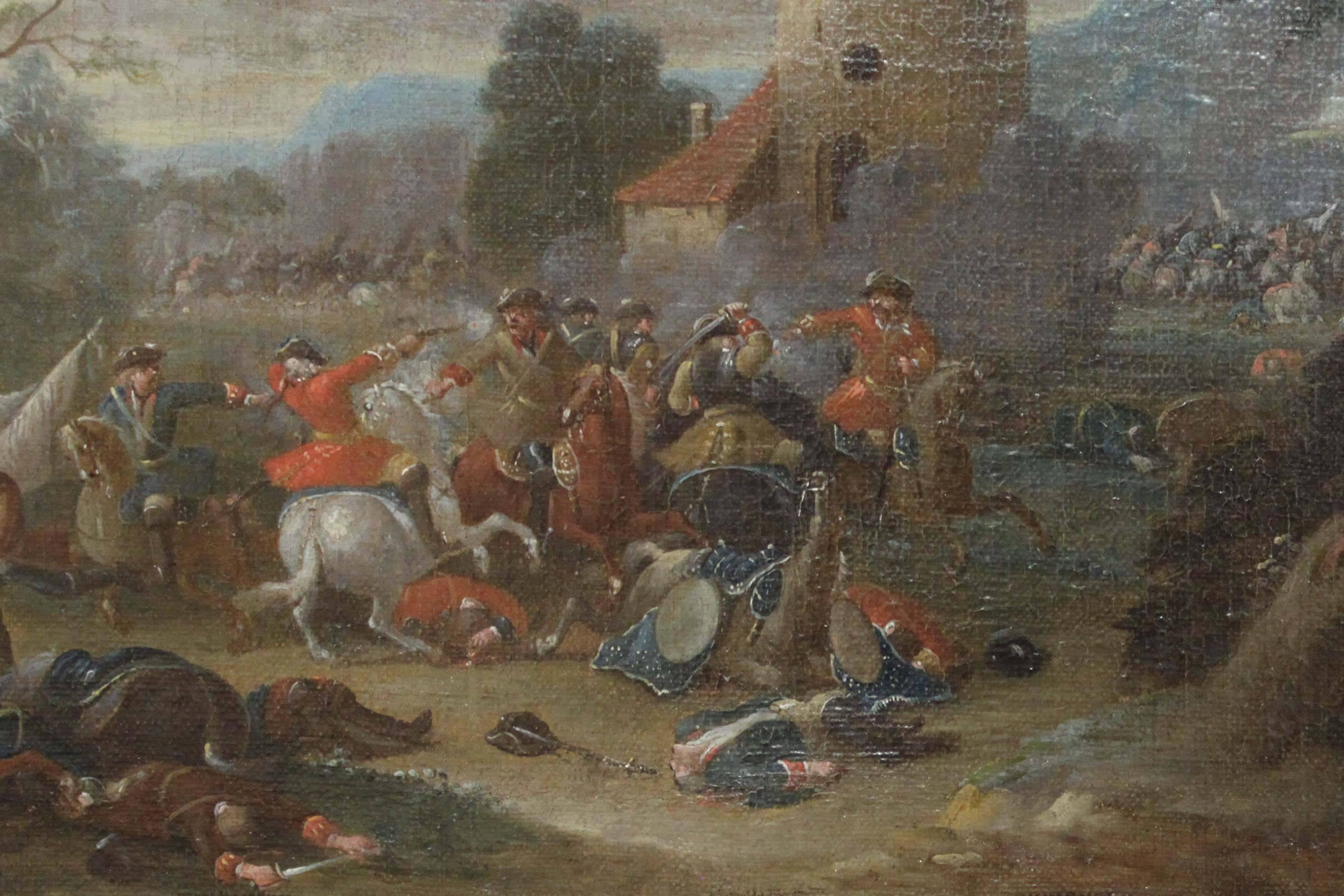 ‘Cavalry Engagement’ attributed to Karel Breydel (1678-1733). A fine old master painting, Breydel was known as a prolific Flemish artist of military scenes. This piece has been relined and reframed. Unsigned.