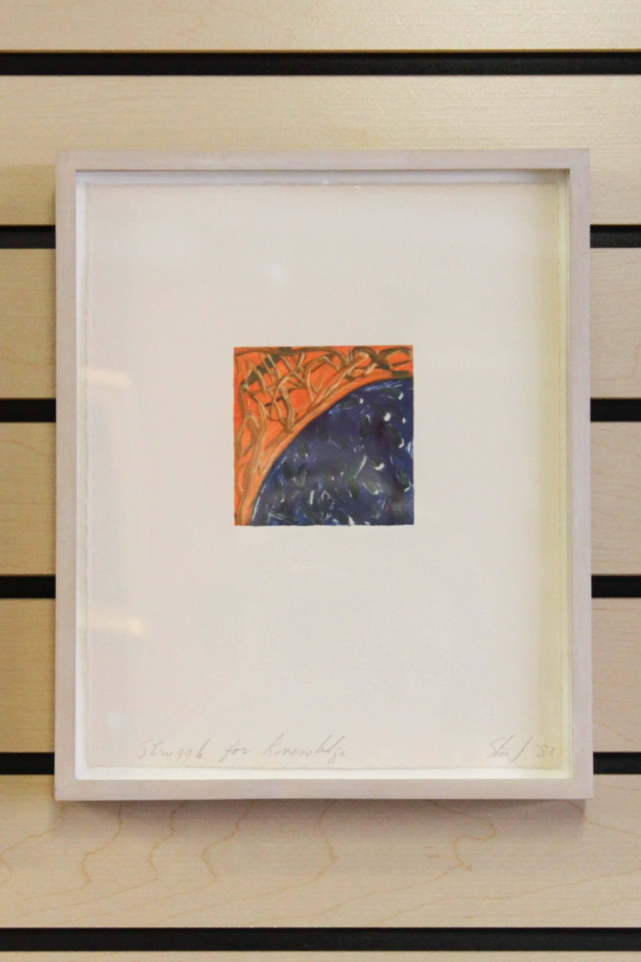 Pair of 20th century abstract paintings, titled in pencil "Strength for Knowledge" and "Struggle for Knowledge". Framed and signed "Stu '83".