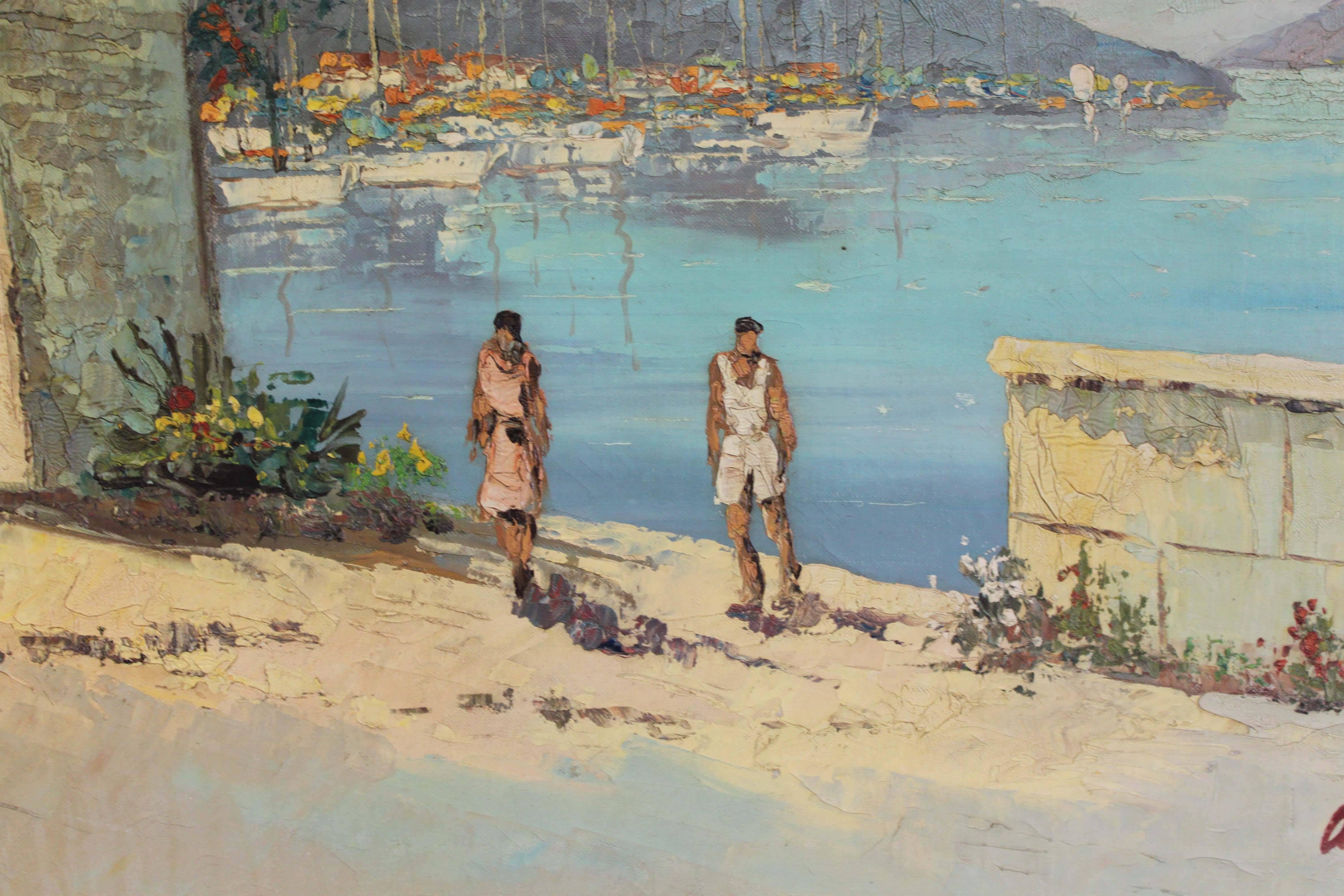 A wonderful midcentury painting of a beach, indistinctly signed at lower right. Appears to be in original condition with period frame.