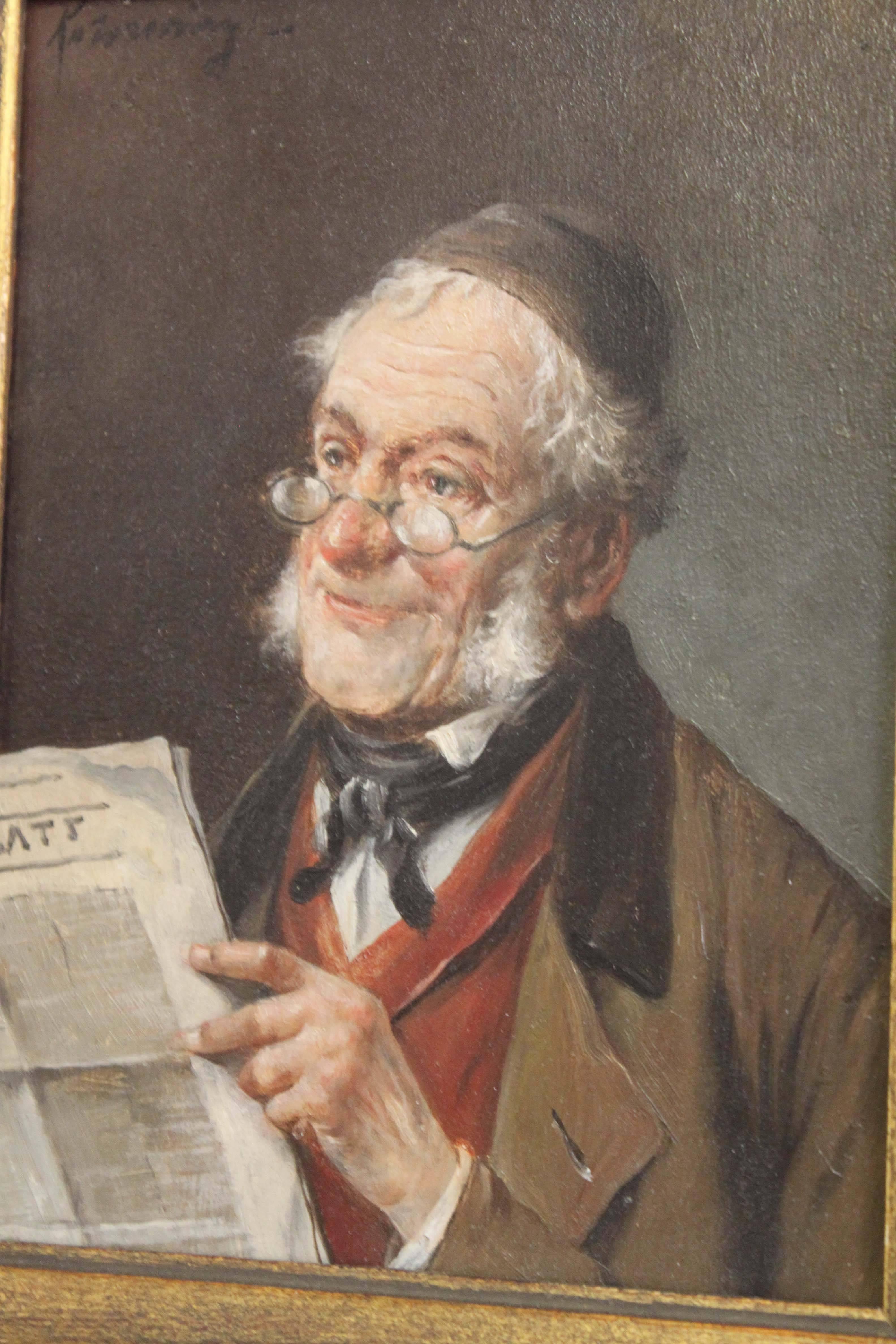 A fine quality European oil painting of a gentleman reading the newspaper. The paper appears to be of German origin. The painting is on panel and measures 8.5? x 6?, overall dimensions are 11? x 10?. Lajos Kolozsváry was a Hungarian painter whose