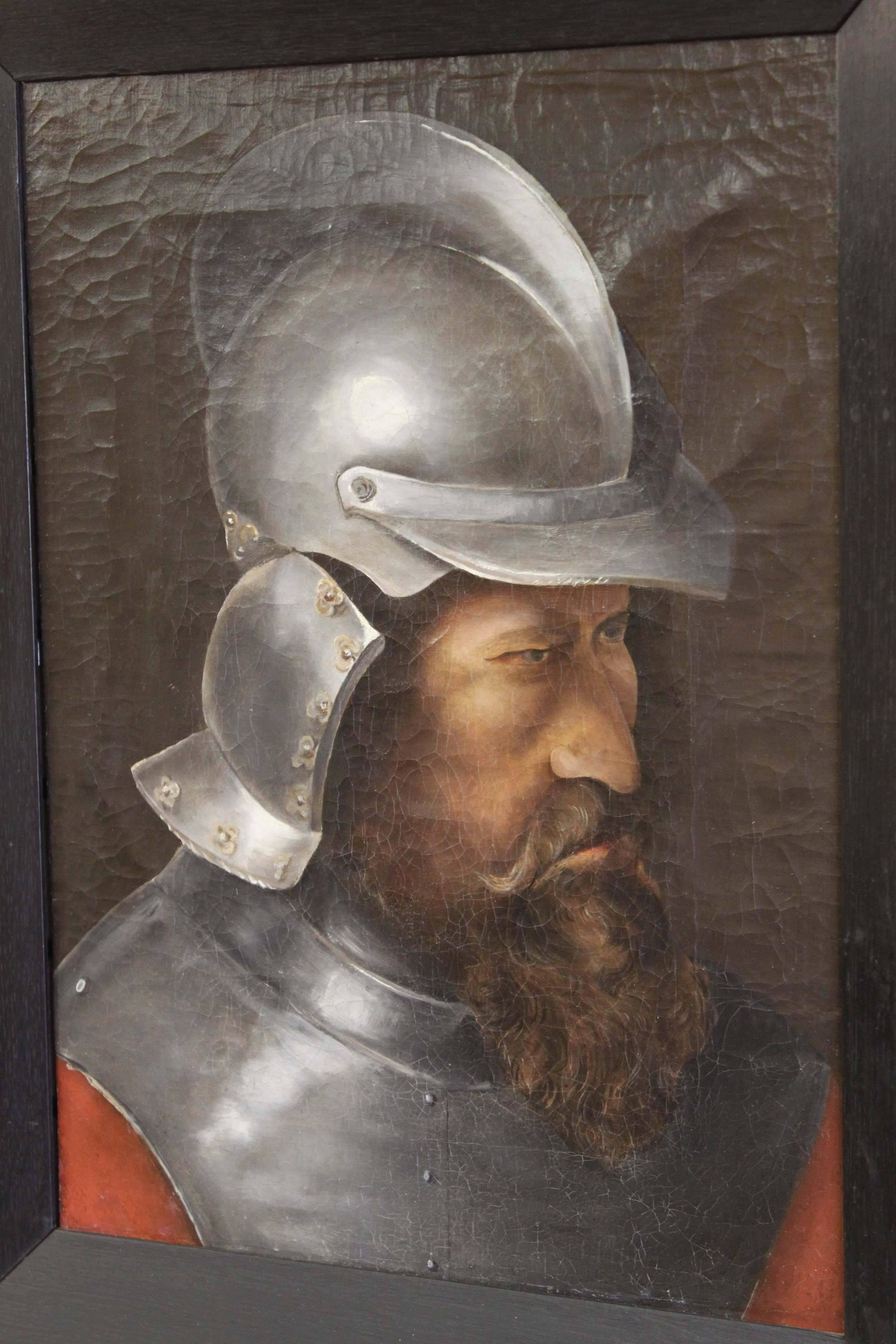 A striking portrait of a man in a steel helmet with armour. This piece has been, at some earlier time, cut out from a larger painting. We suspect it was painted in the United Kingdom around the late 19th century, but difficult to be sure. Original