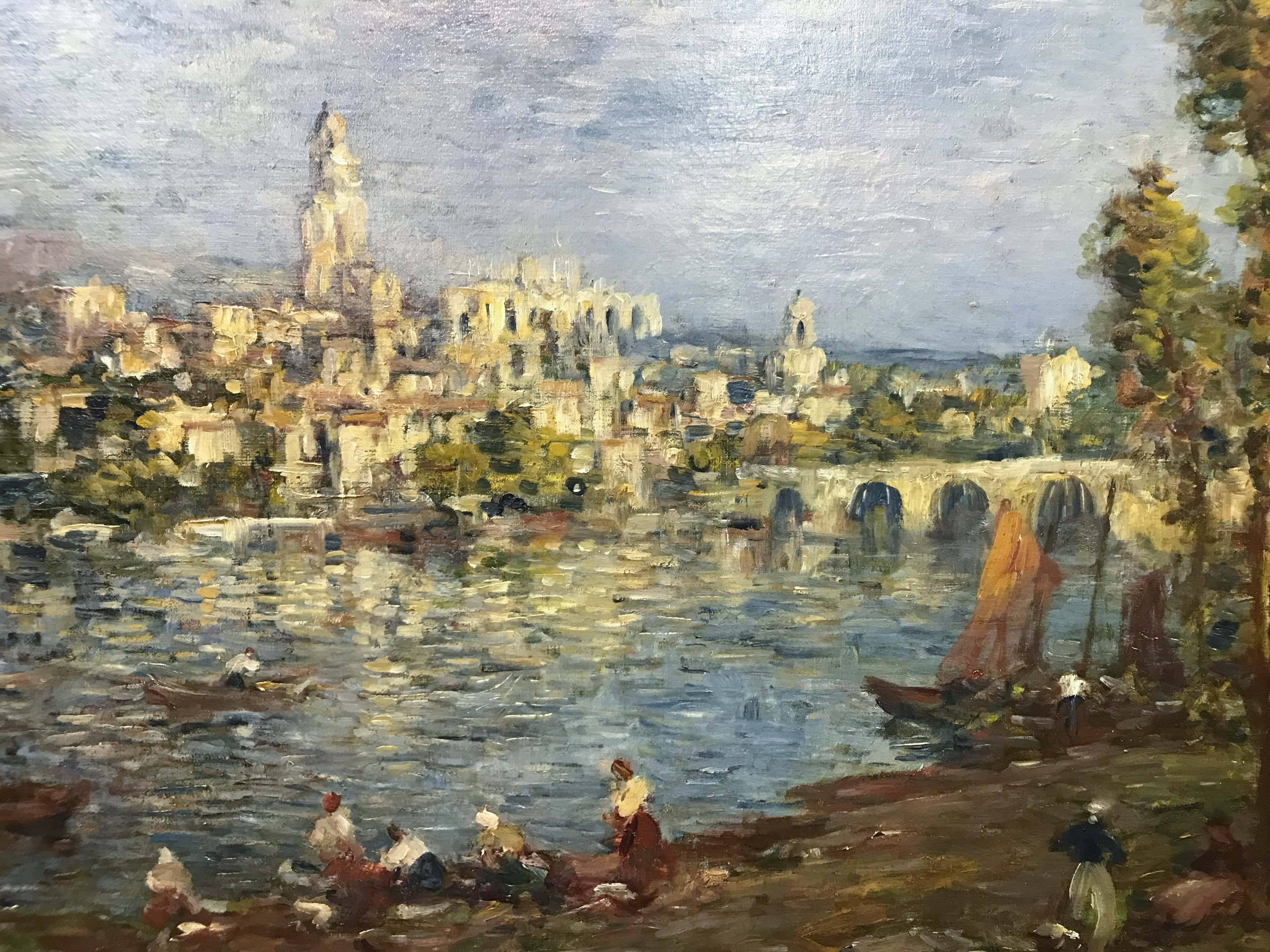 Impressionist painting of what appears to be Old Waterloo Bridge. This piece is in the manner of the artist and of the period but is not attributed to Monet, though it is signed 
