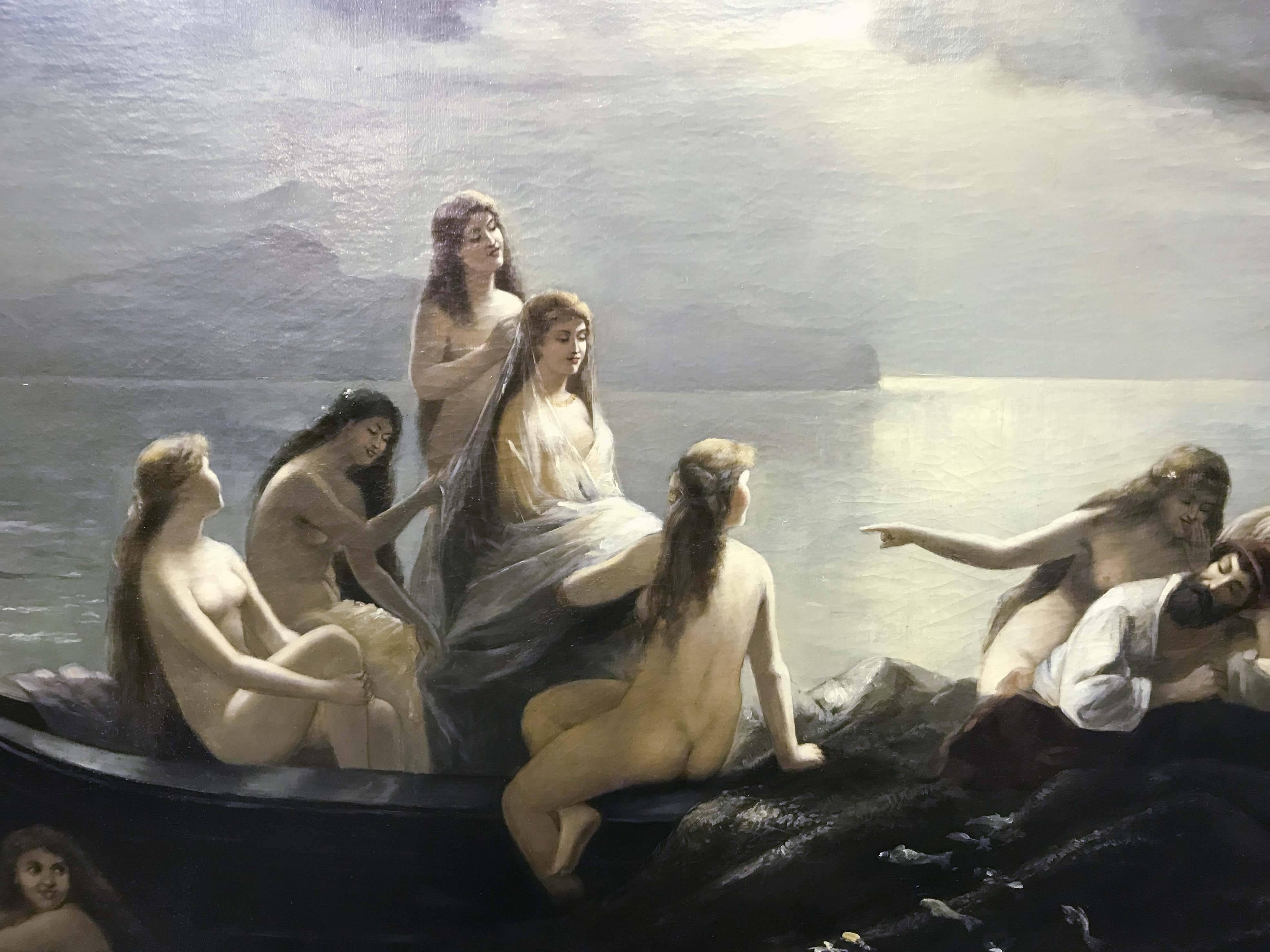 A beautiful painting of sirens at sea signed A. Dubois at lower right. Original condition, restored and re-stretched on new panels, see photos.