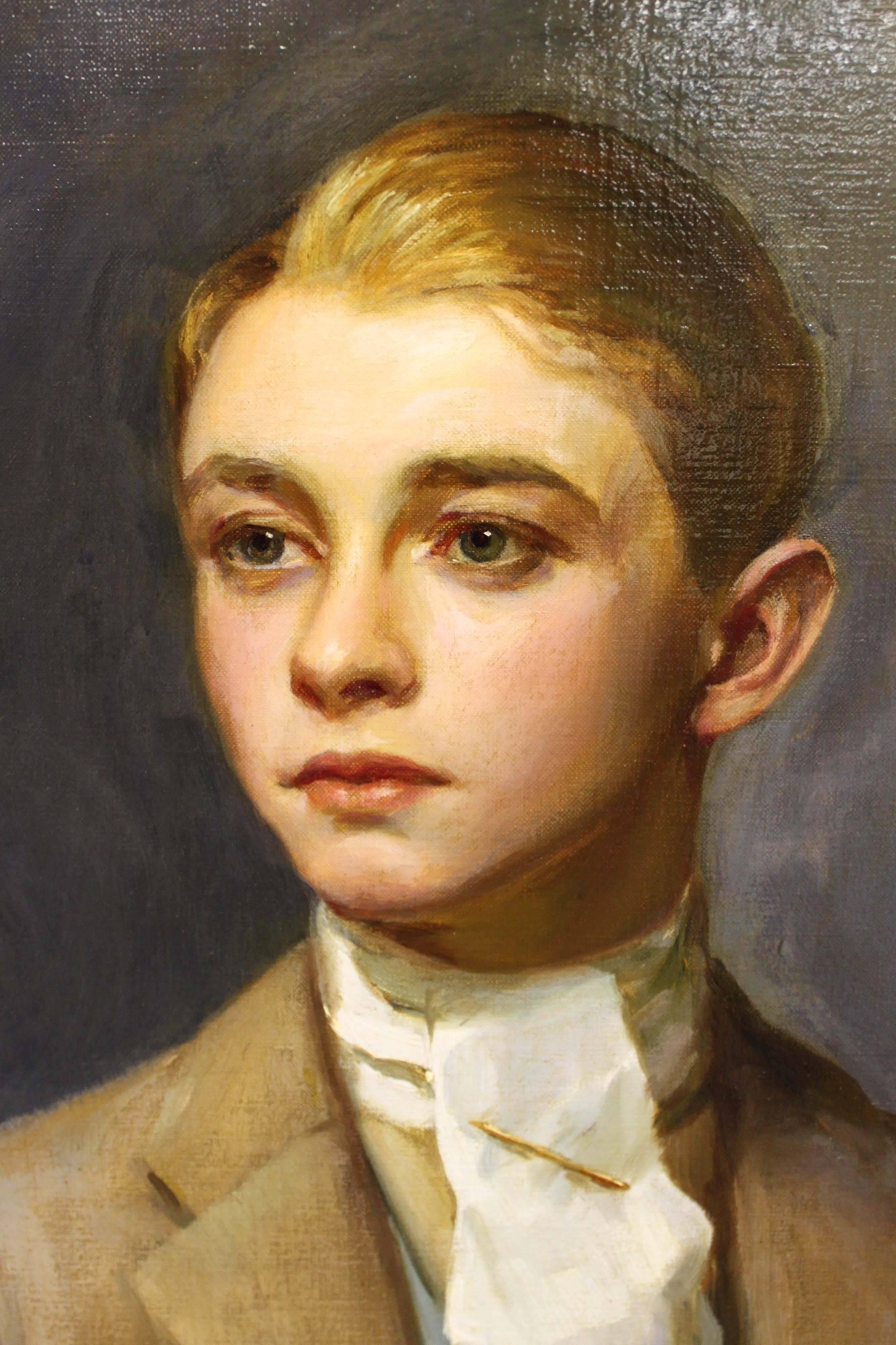 Portrait of a young man, oil on canvas attributed to English painter Oswald Birley. This painting was originally larger, likely life-size/standing and was cut down possibly when the owner moved to a smaller residence. It's speculated that the