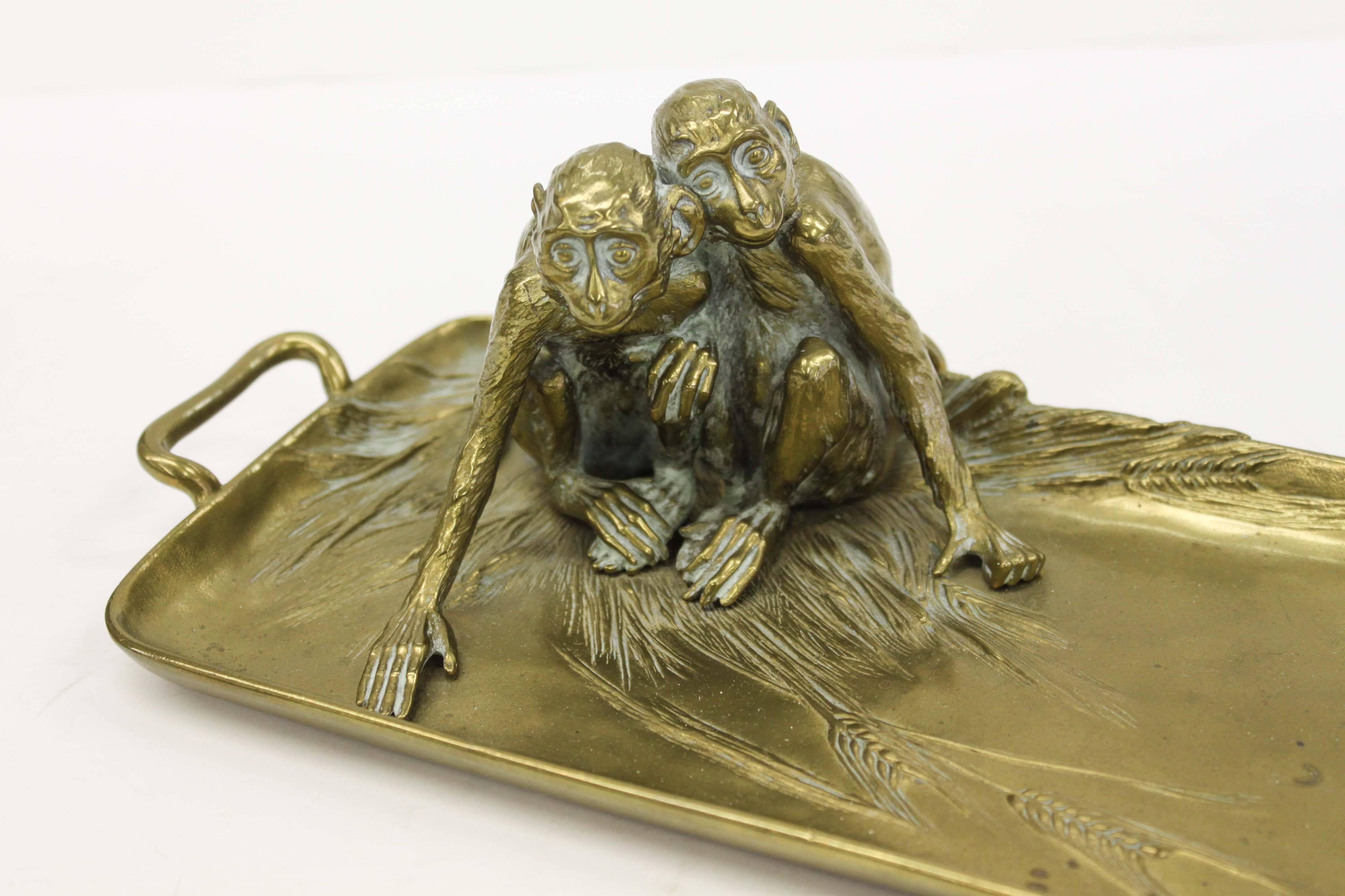 Art Nouveau Figural Brass Tray by Franz Xaver Bergmann, Signed 