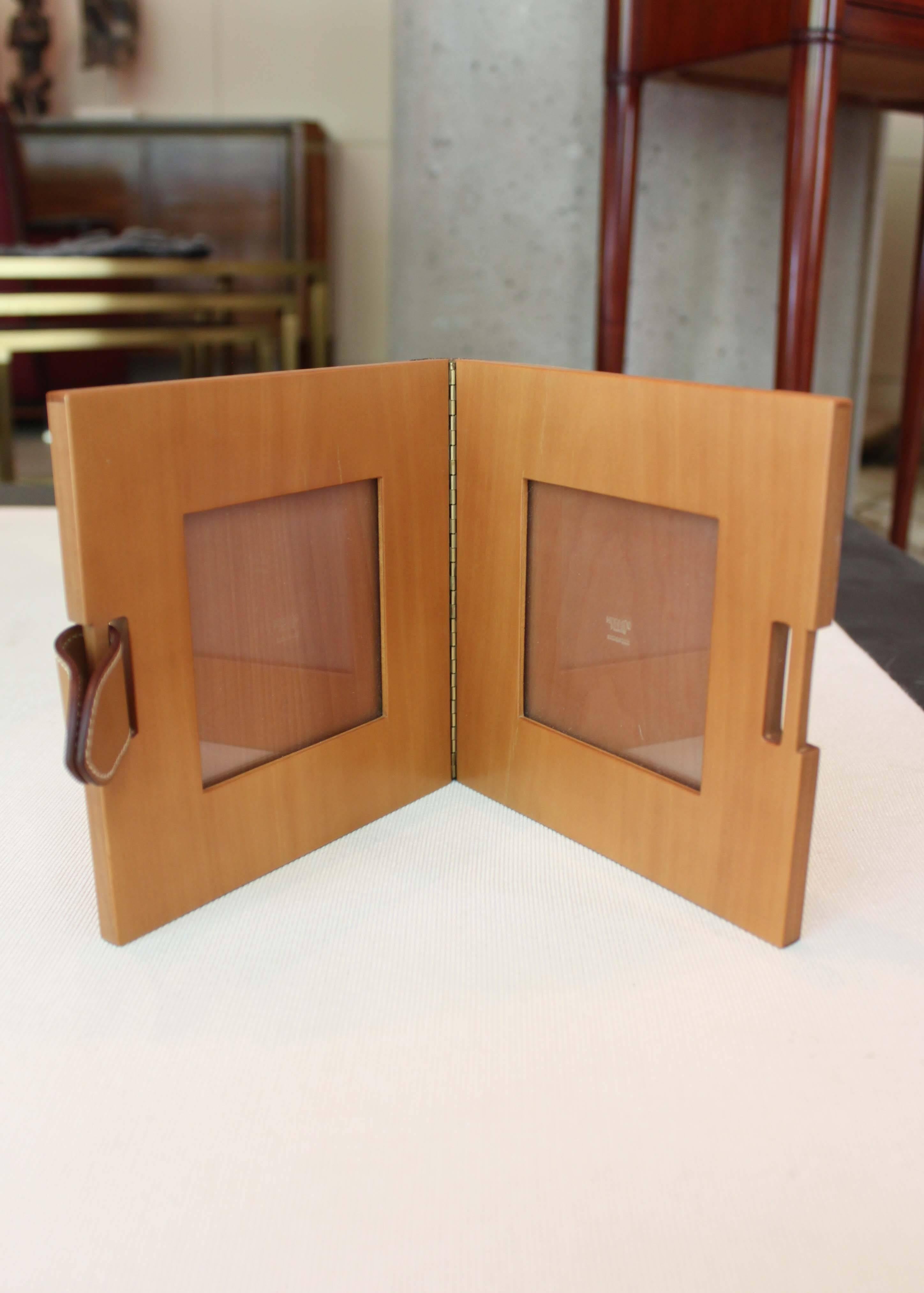 Vintage Hermès fruitwood and leather folding picture frame. Great desk accessory or as a bed-side frame.