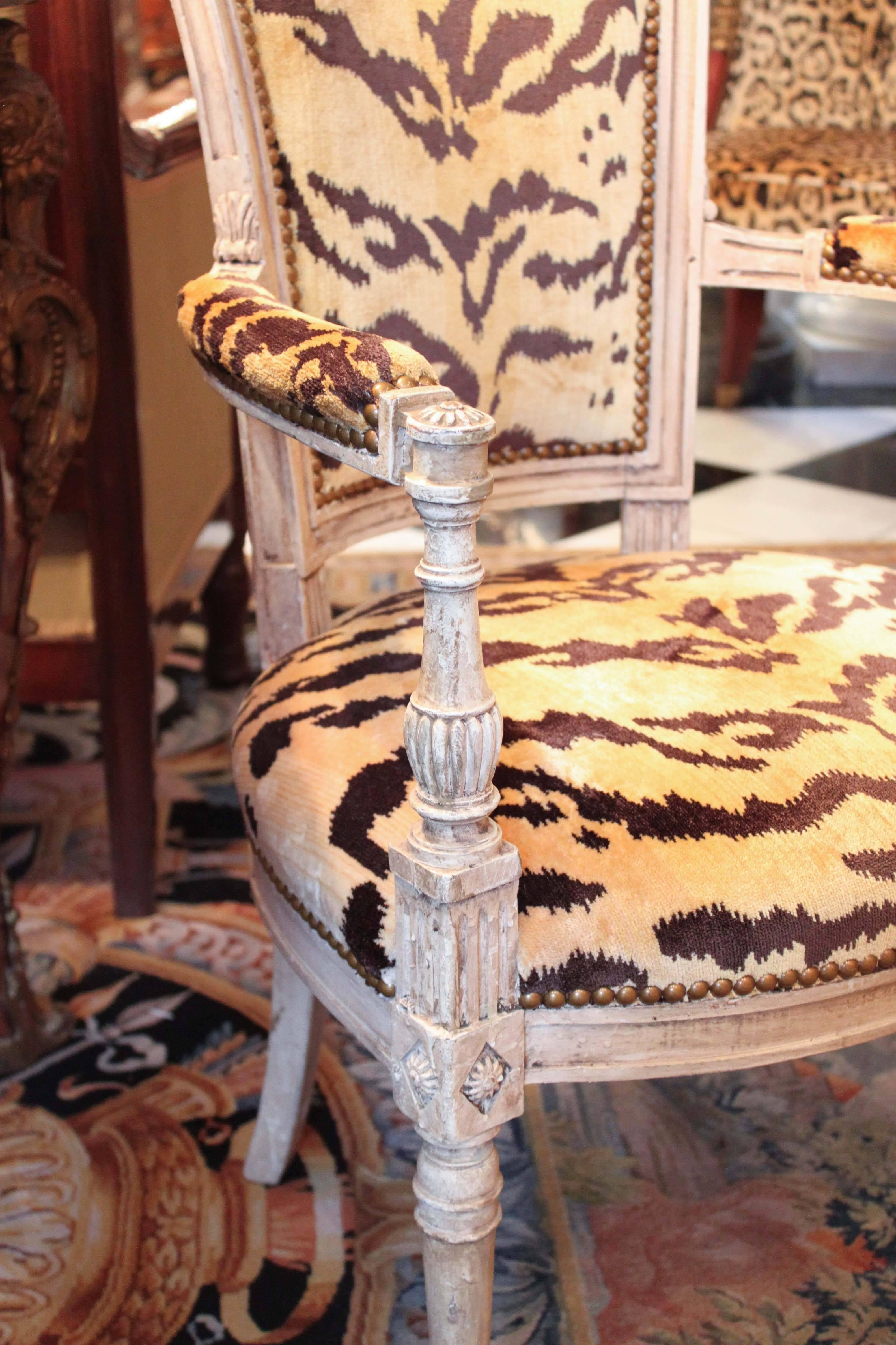French Pair of Louis XVI Painted Armchairs with Tiger Silk Velvet Upholstery For Sale