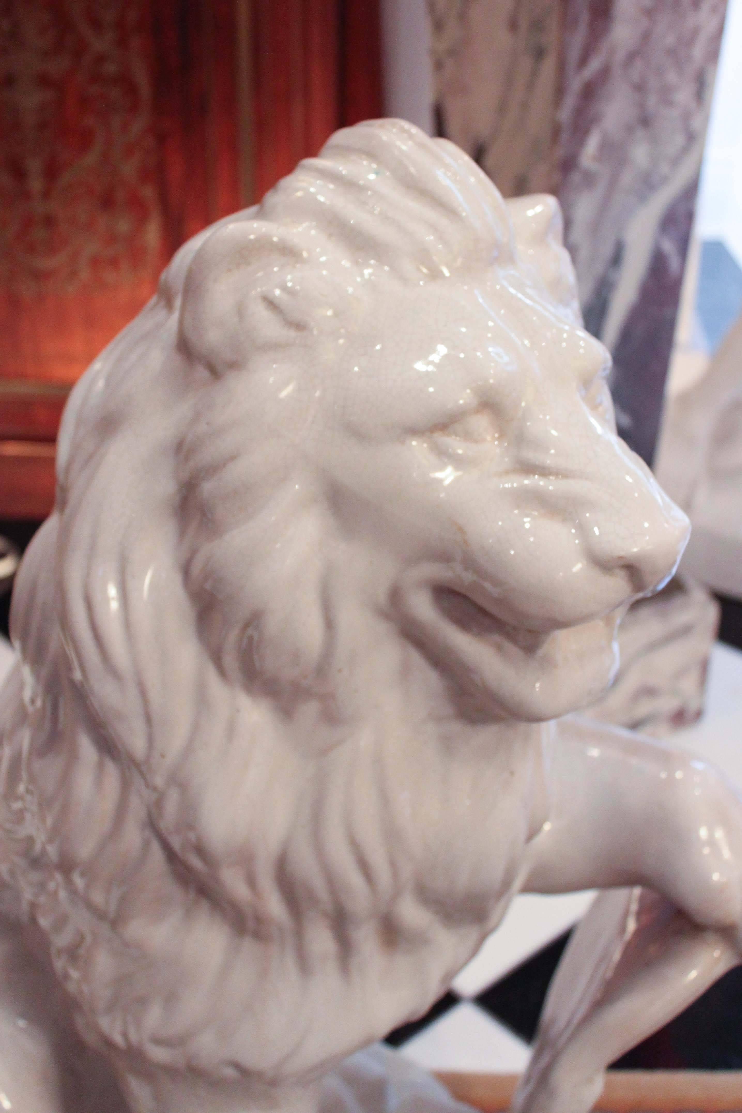 Louis XIV Pair of White Terra Cotta Lions For Sale