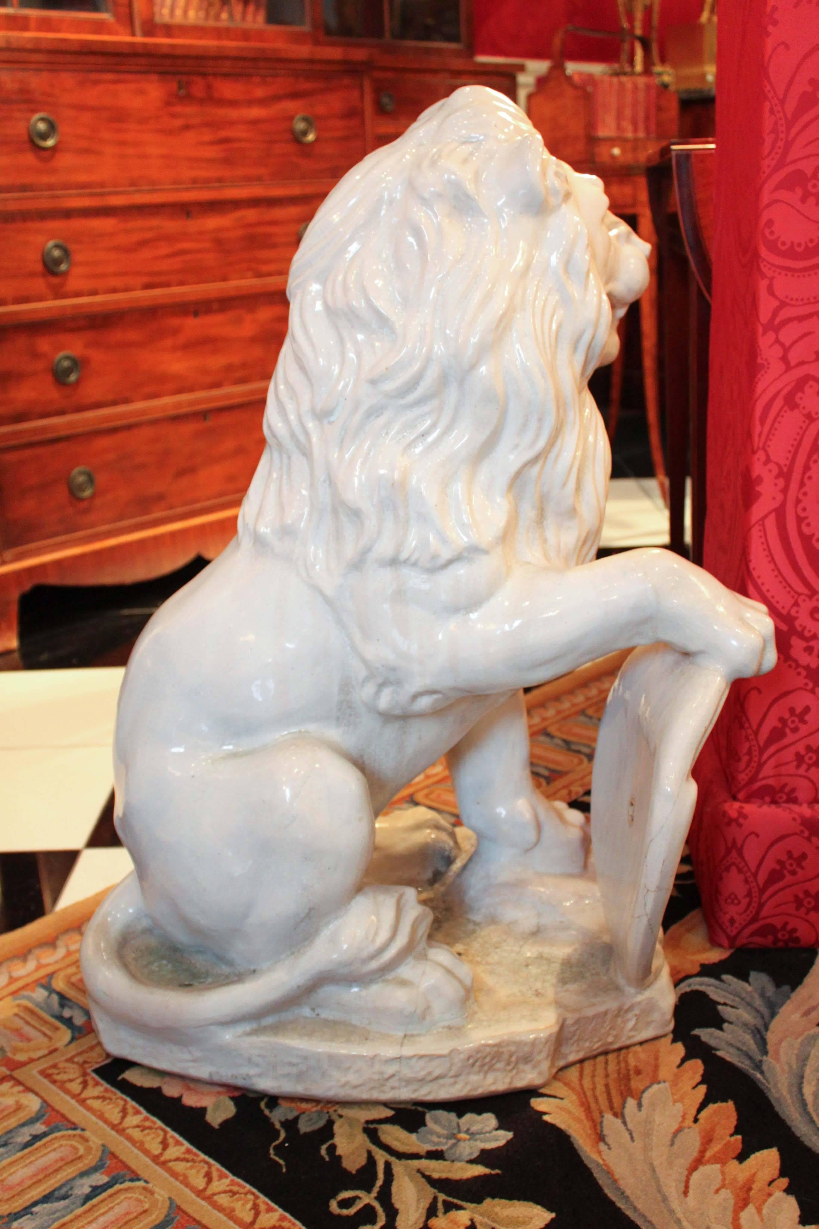 French Pair of White Terra Cotta Lions For Sale