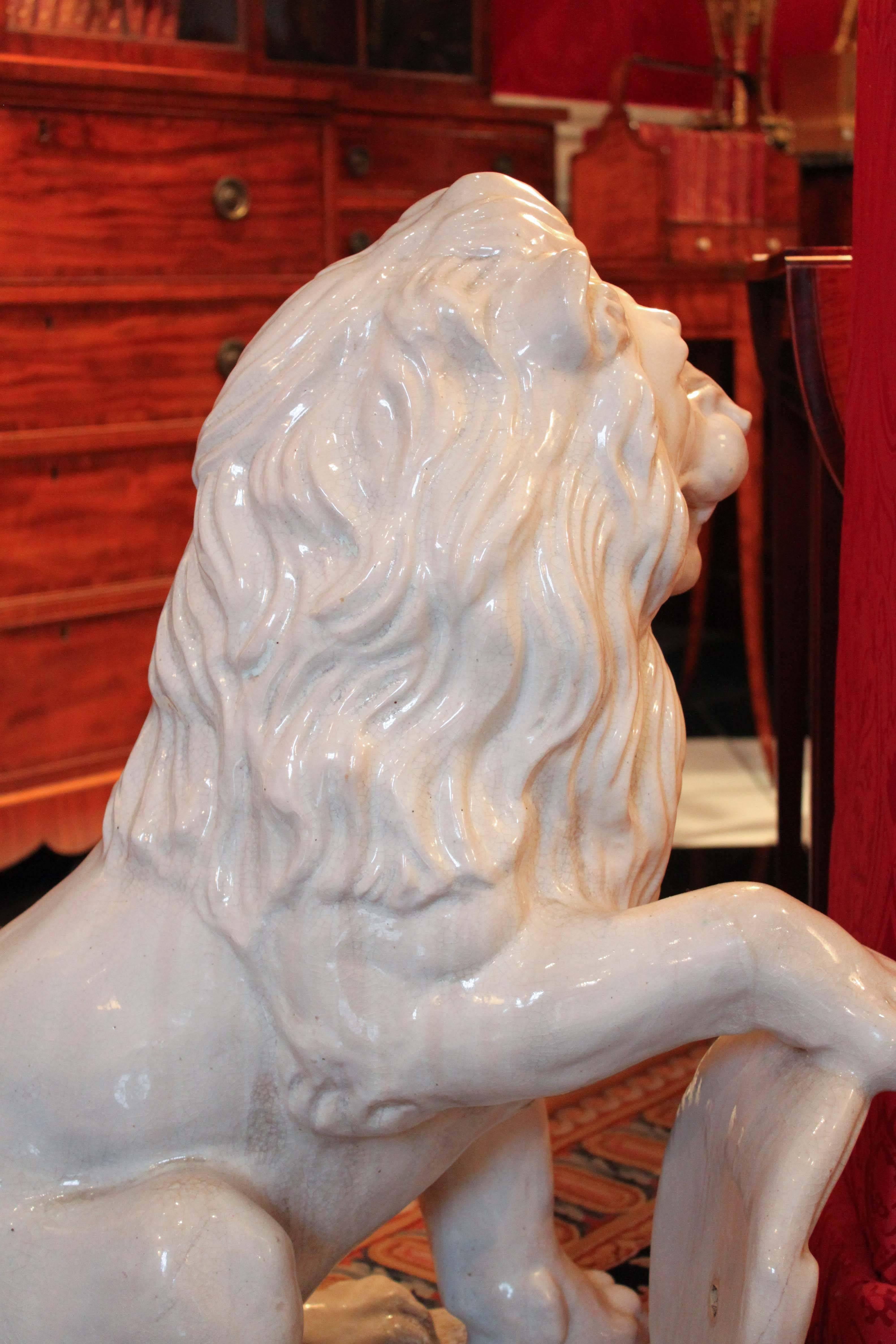 Pair of White Terra Cotta Lions In Excellent Condition For Sale In Vancouver, BC