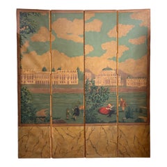 19th Century Continental Painted Four Panel Canvas Screen