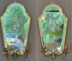 Pair of 20th Century Italian Giltwood Etched Mirror Two-Light Sconces
