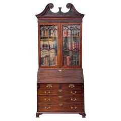 Early George III Mahogany Bureau Bookcase with Carved Swan Neck Pediment