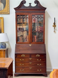 Early George III Mahogany Bureau Bookcase with Carved Swan Neck Pediment