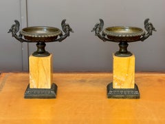 Pair of Early 19th Century French Bronze Tazzas on Siena Marble Bases