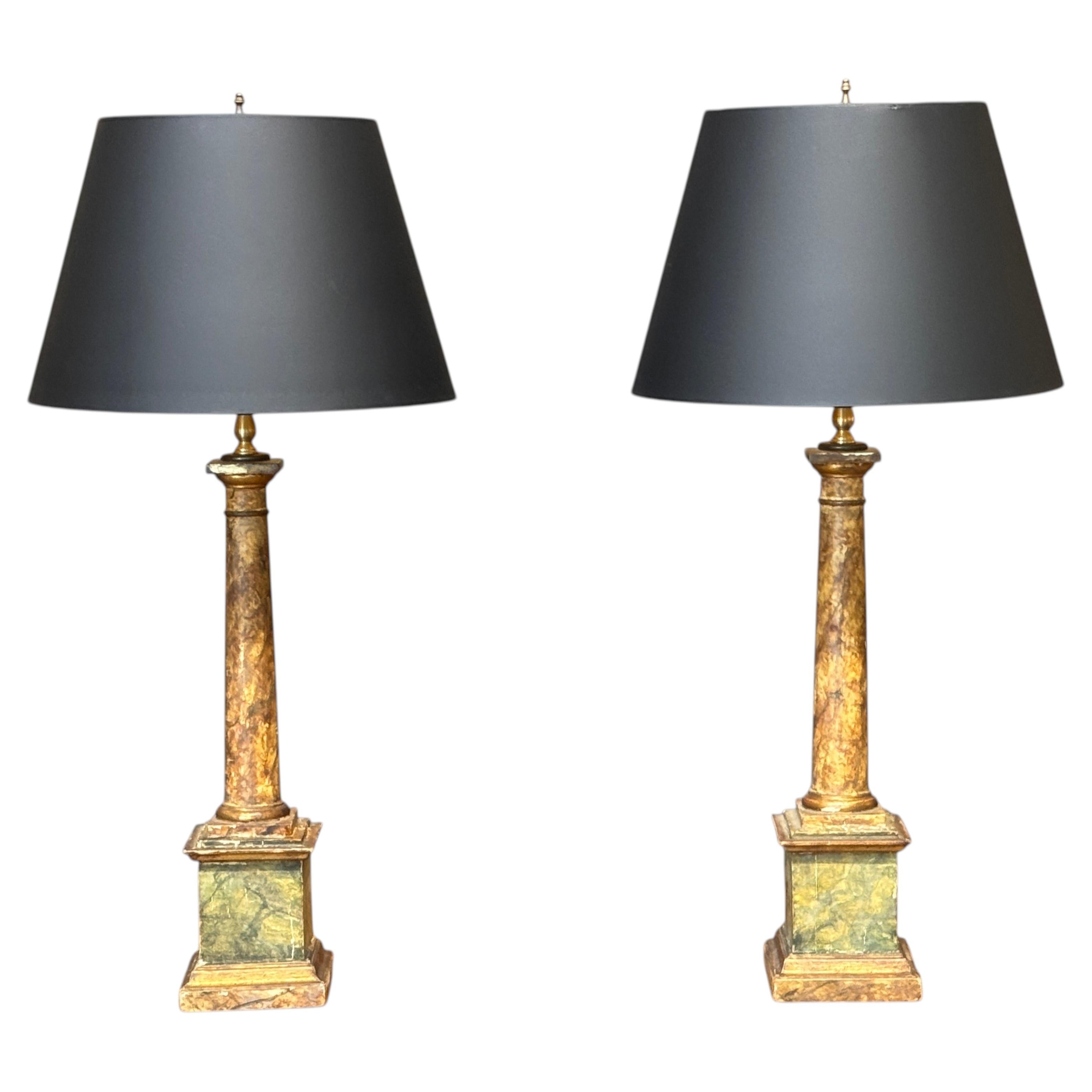 Pair of Mid 20th Century Faux Marble Column-Form Table Lamps For Sale