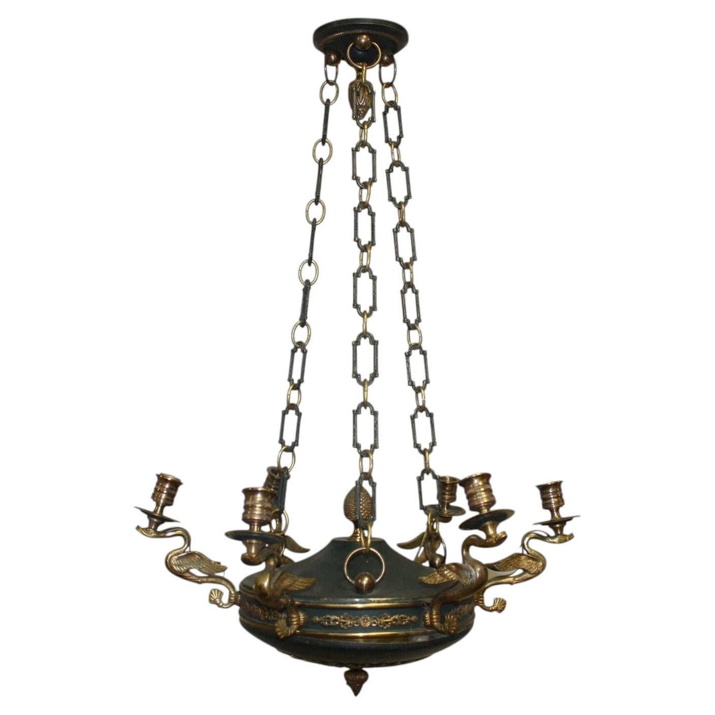 19th Century French Chandelier, Bronze and Tôle, Restauration Style For Sale