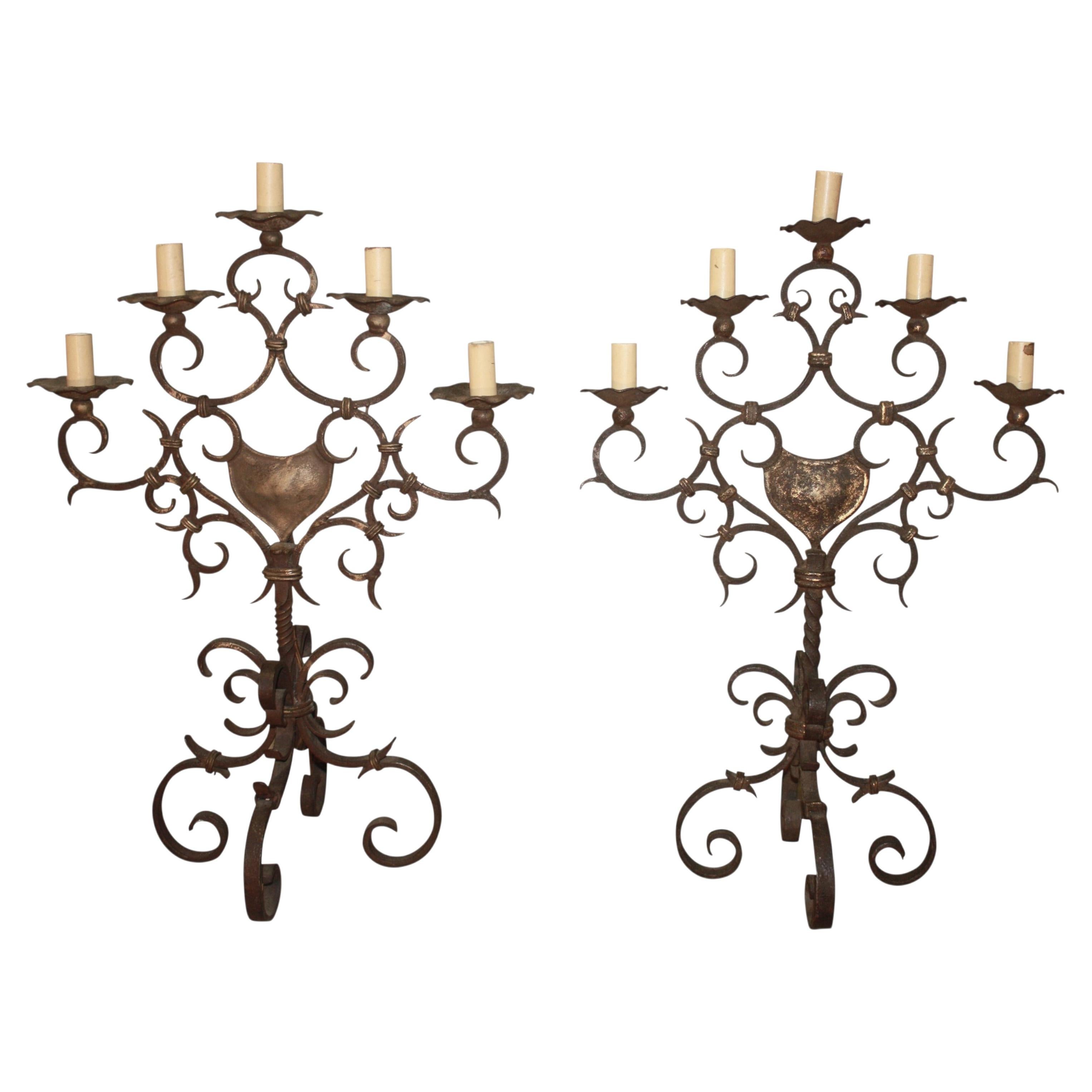 Pair of 19th Century, French Iron Candelabra For Sale