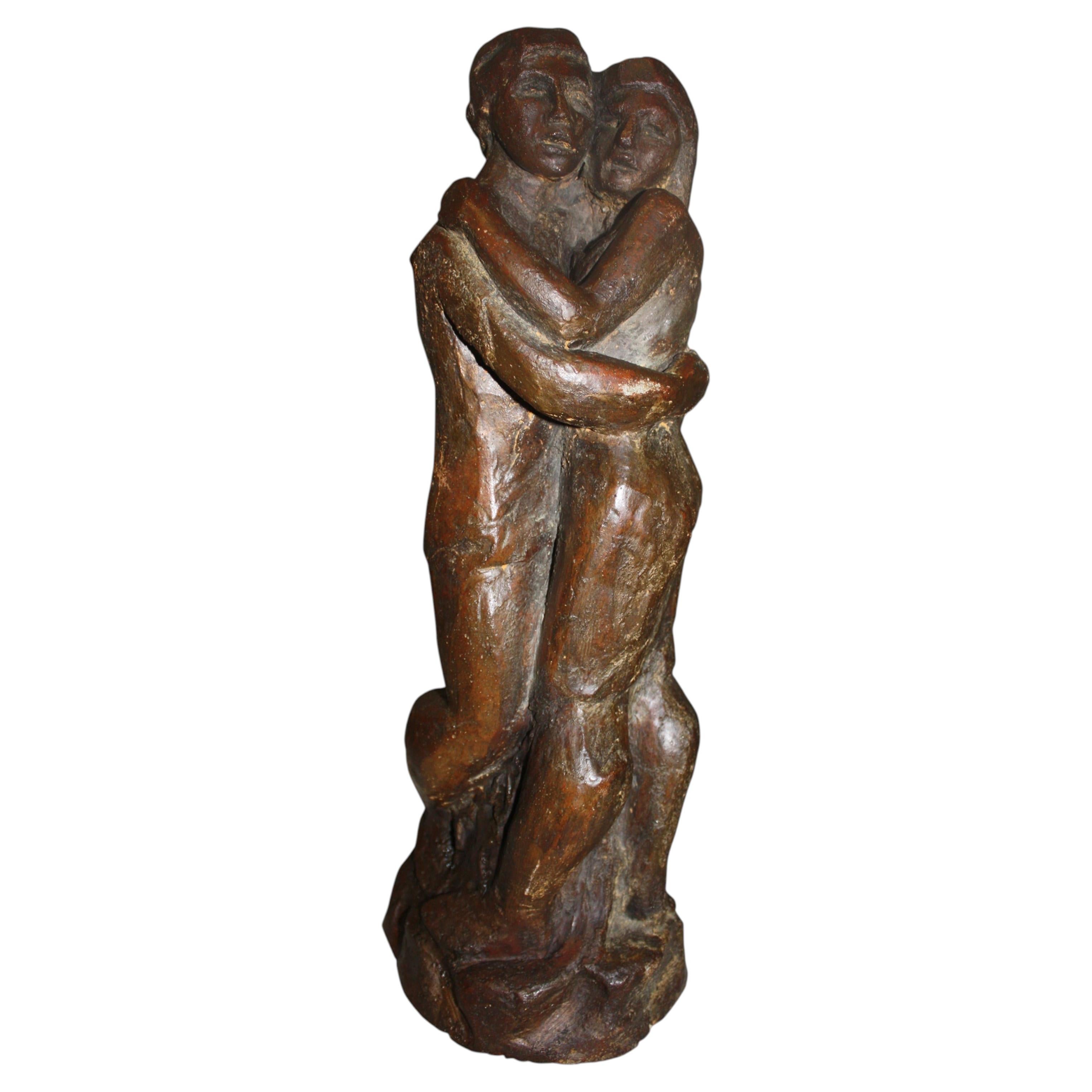 Scultura figurativa primitiva “Adamo ed Eva” in cemento, Francia, 1970
