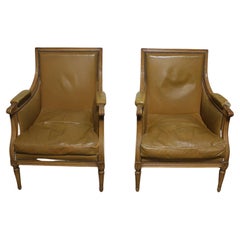Chaises bergères Louis XVI, cuir et noyer, Antique, Circa 1920