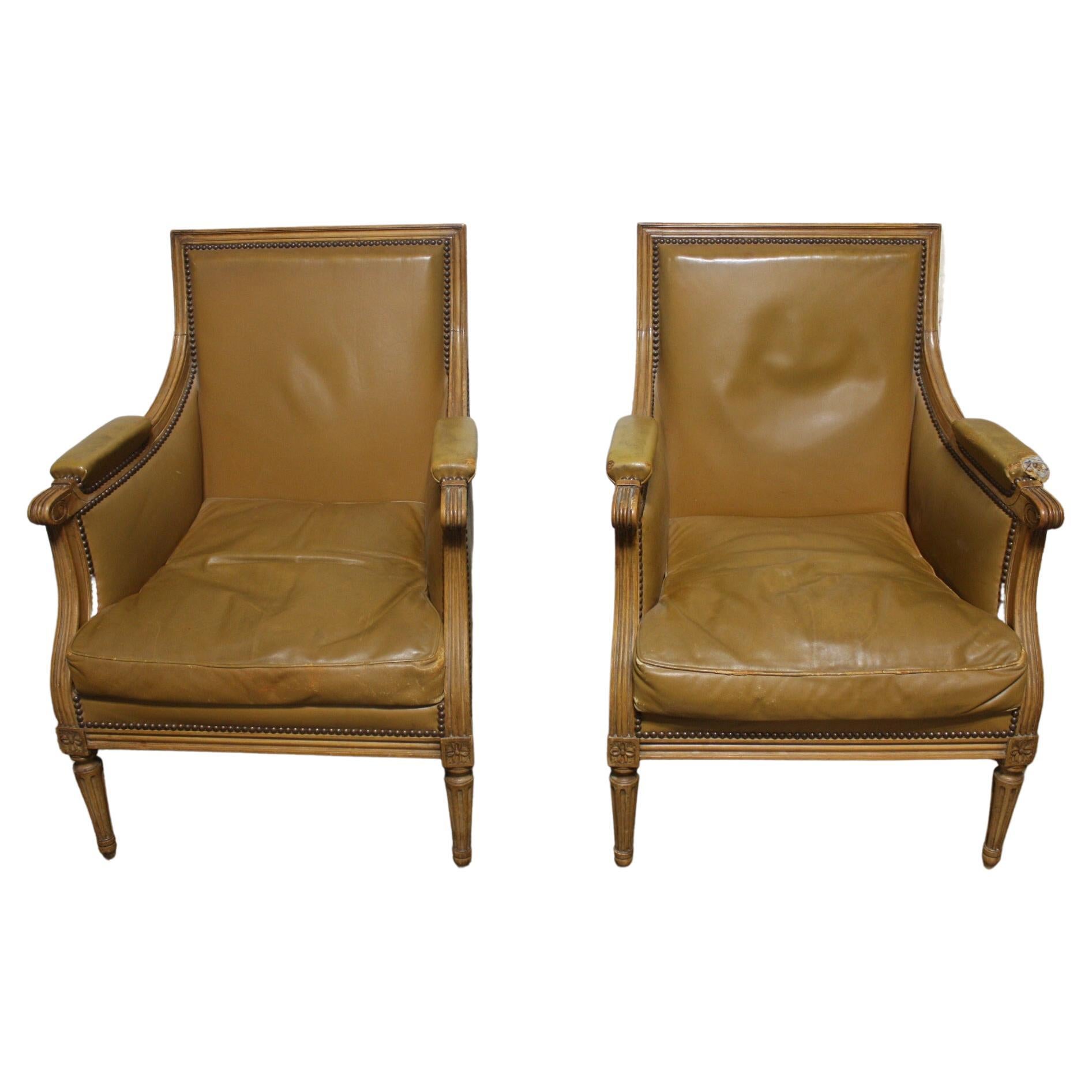 French Louis XVI Bergere Chairs, Leather & Walnut, Antique, Circa 1920