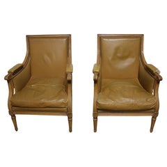 Chaises bergères Louis XVI, cuir et noyer, Antique, Circa 1920