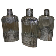 19th Century Antique Glass Bottles Set by Cotty with Silver Accents