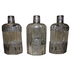 19th Century Antique Glass Bottles Set by Cotty with Silver Accents