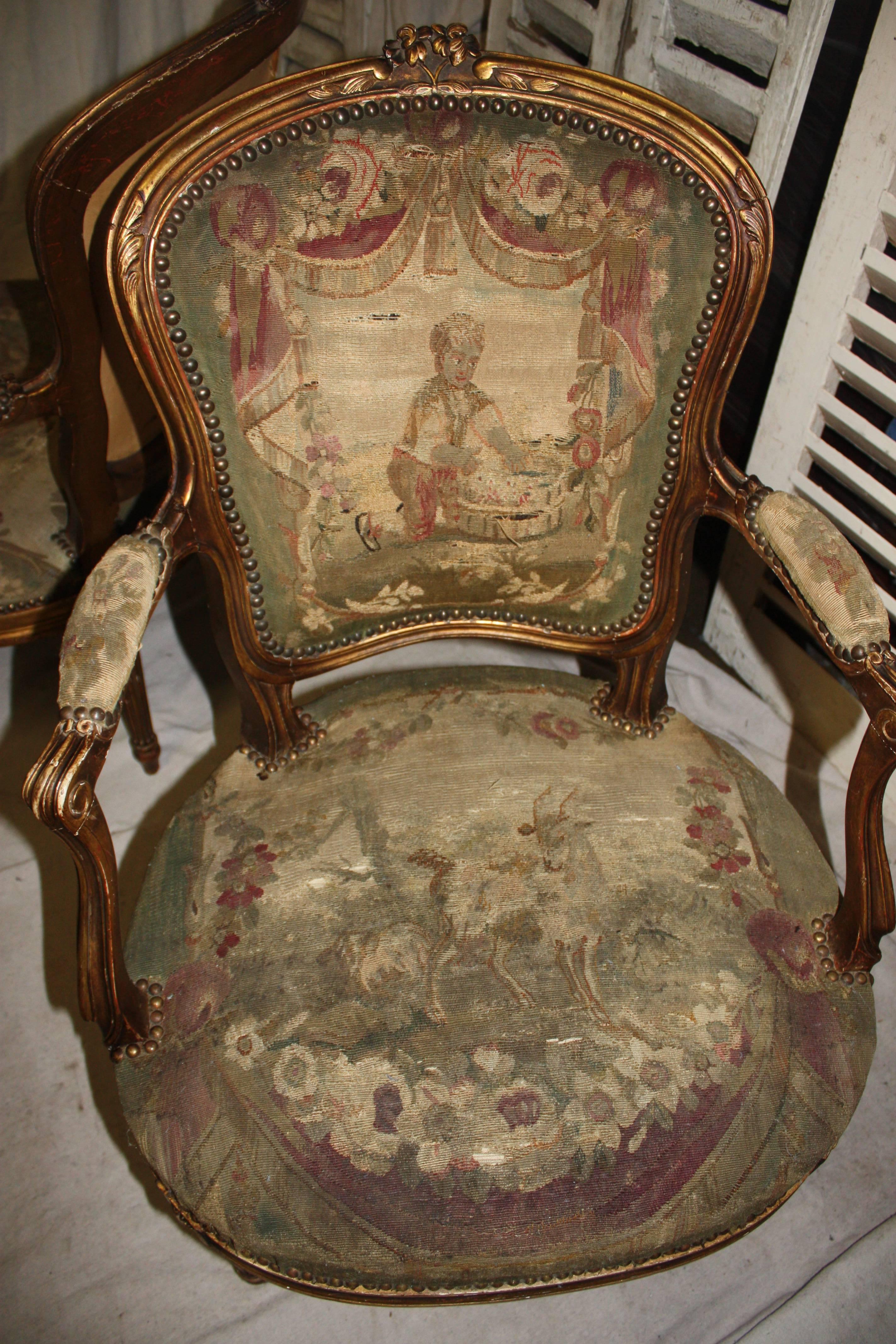 Pair of 19th Century French Gilded Armchairs In Fair Condition In Stockbridge, GA