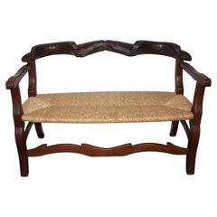French Early 20th Century Walnut and Straw Settee, Circa 1920