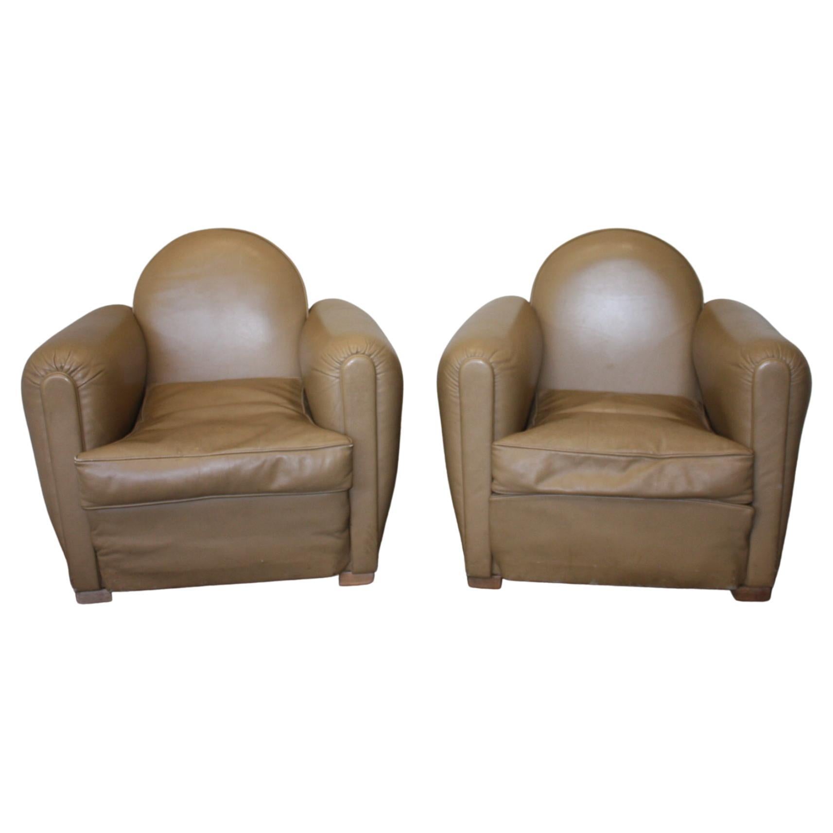 Pair of Antique French Club Chairs, Leather, Dark Beige, Circa 1930s