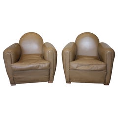 Pair of Antique French Club Chairs, Leather, Dark Beige, Circa 1930s