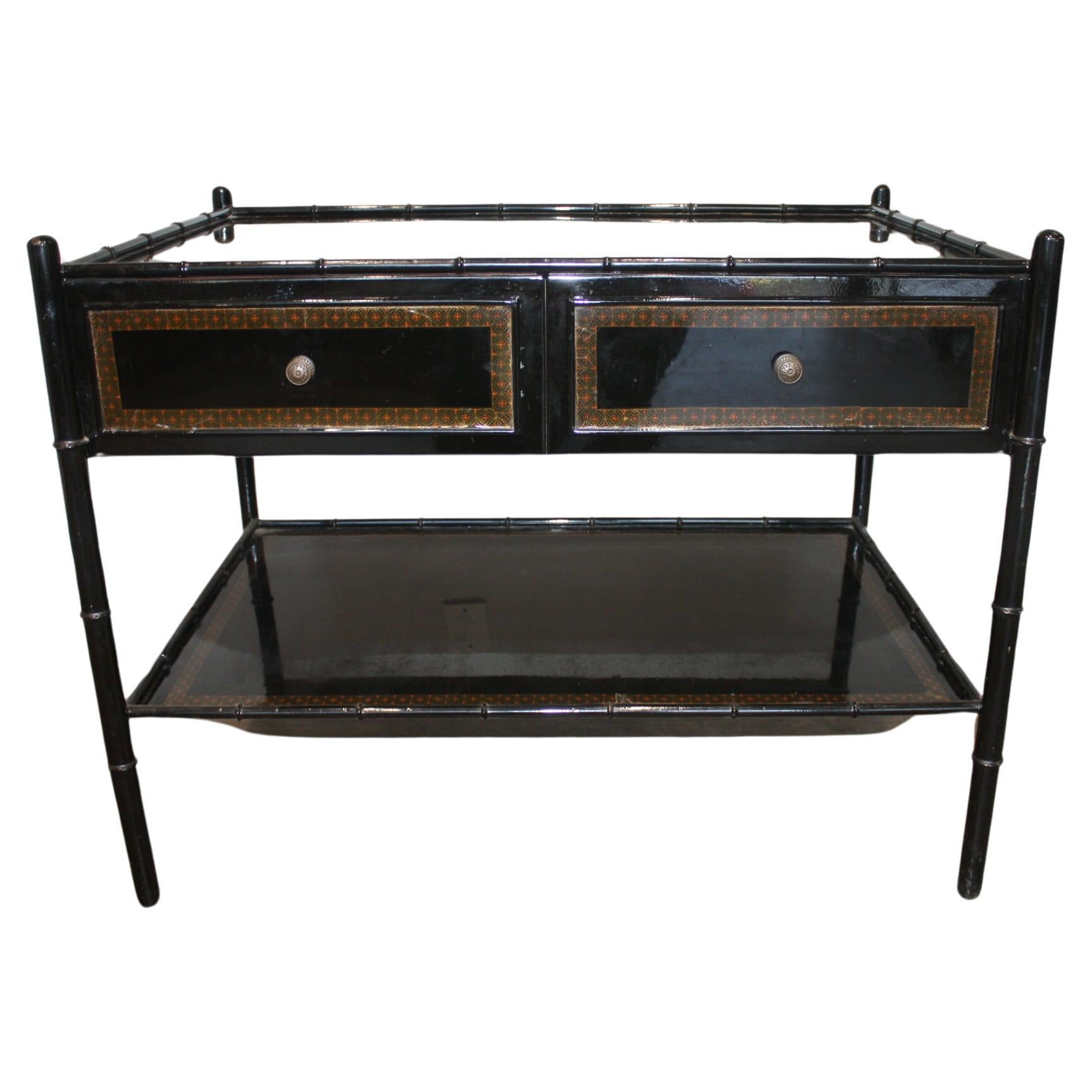 1960s French Black Lacquered Metal Sofa Table with Bamboo Feet For Sale