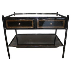 1960s French Black Lacquered Metal Sofa Table with Bamboo Feet