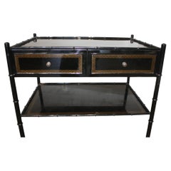 1960s French Black Lacquered Metal Sofa Table with Bamboo Feet