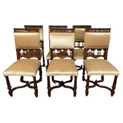 French Antique Walnut and Velvet Dining Chairs, Henri II Style, 1880