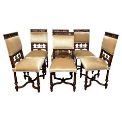 French Antique Walnut and Velvet Dining Chairs, Henri II Style, 1880