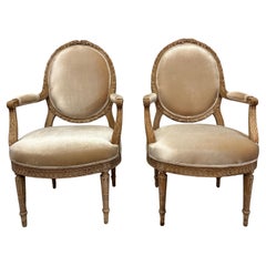 French Napoleon III Armchairs, Walnut, Cream Velvet, Circa 1840-1849