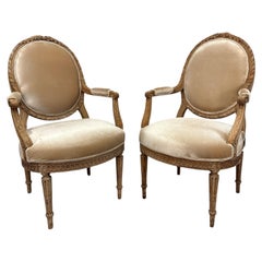 French Napoleon III Armchairs, Walnut, Cream Velvet, Circa 1840-1849