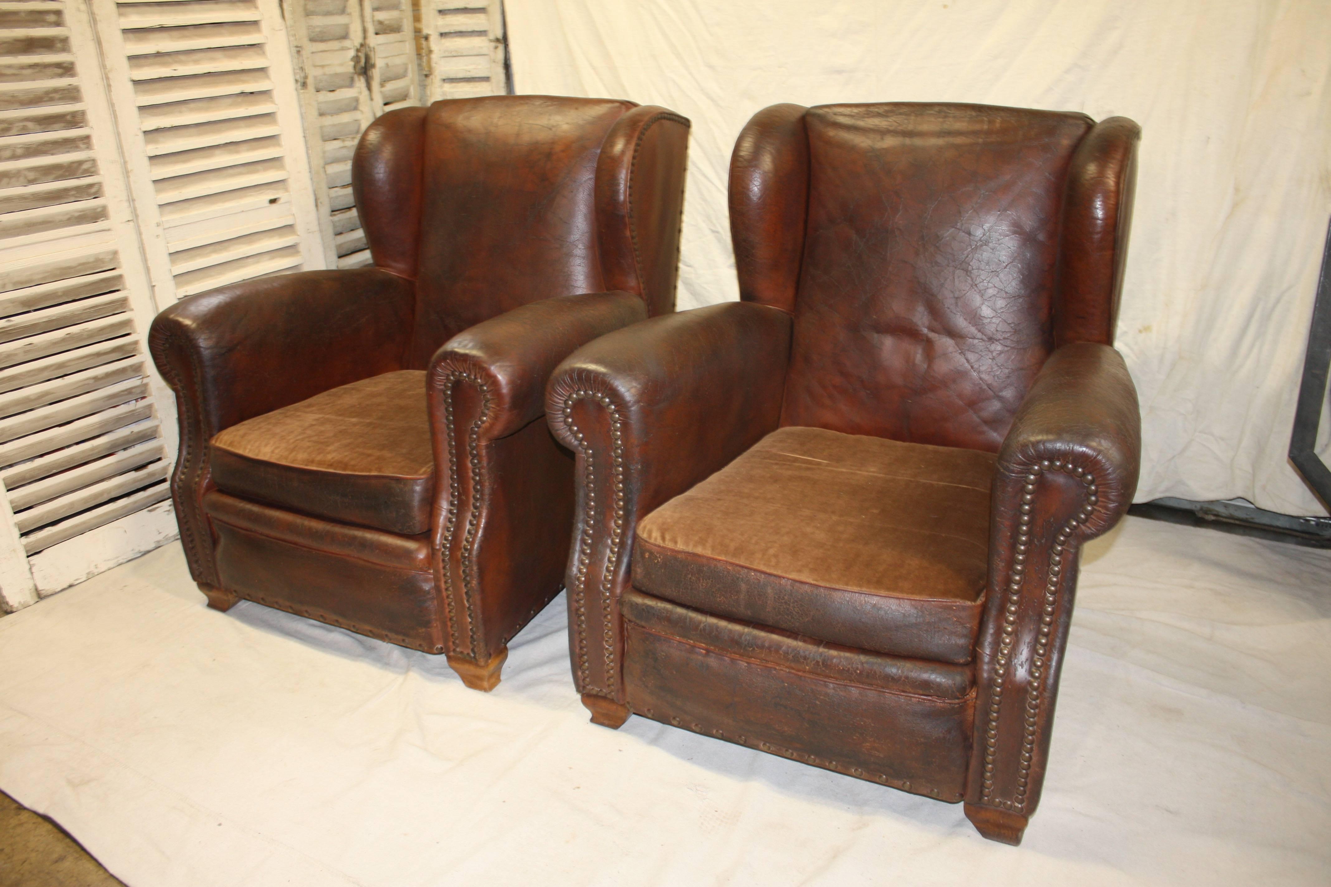 Pair of French Leather Club Chairs In Fair Condition In Stockbridge, GA