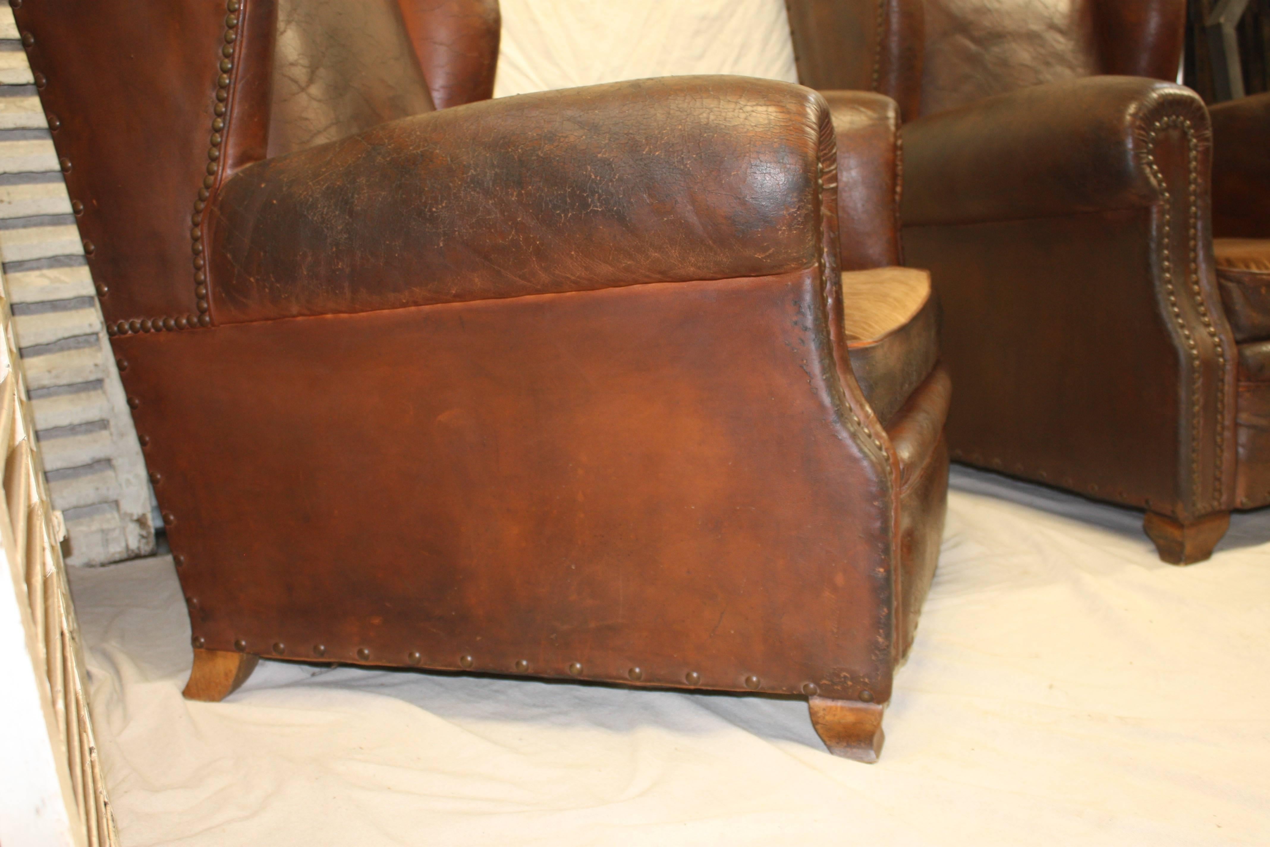 19th Century Pair of French Leather Club Chairs